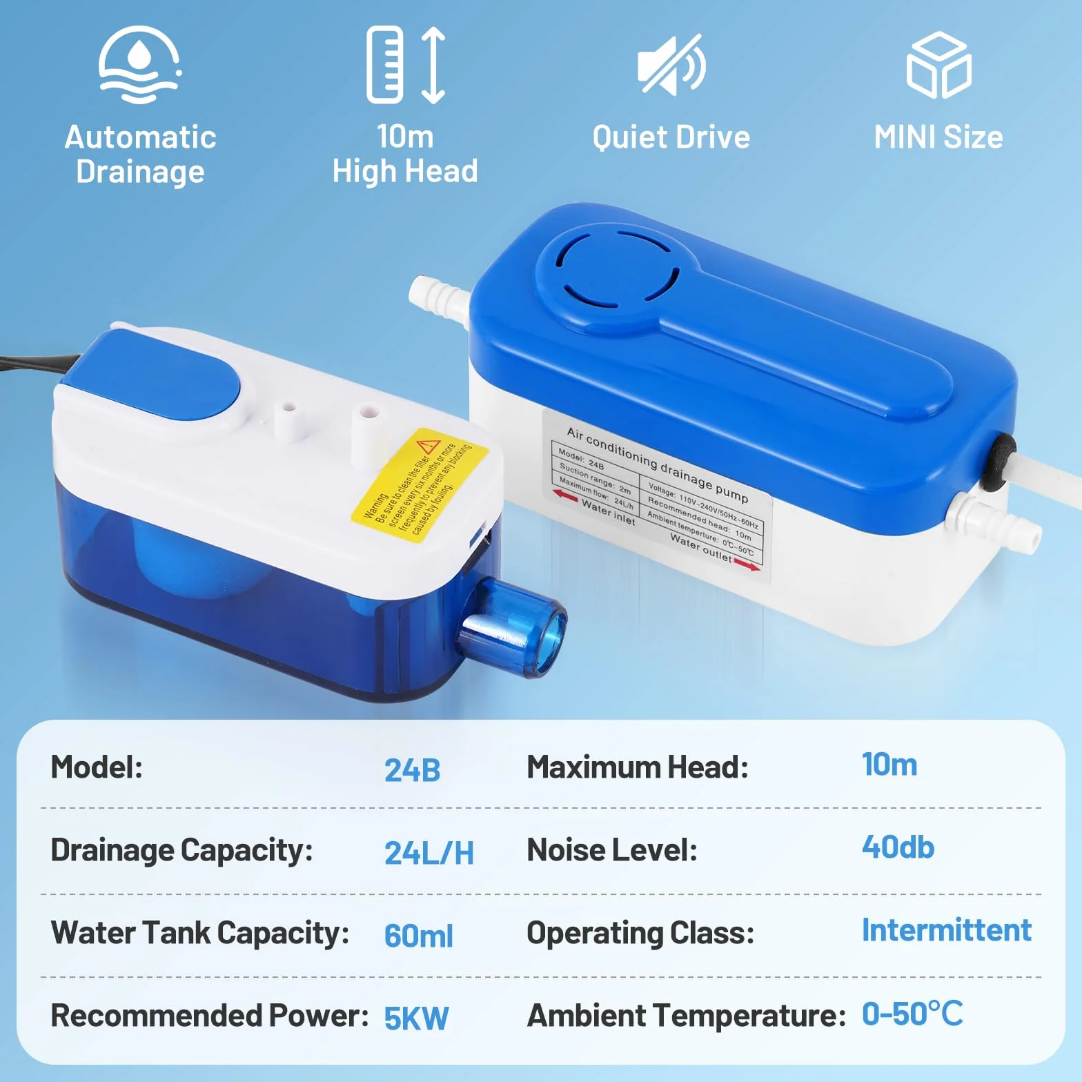 BAOSHISHAN Pompa a condensa da 24 l/h Mini pompa a condensa con capacità d'acqua da 60 ml, per aria condizionata da 5 kw