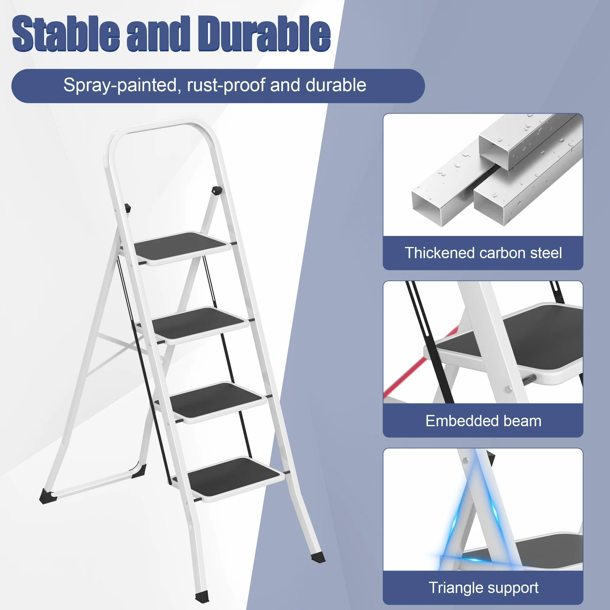 LARS360 Scala a pioli pieghevole 4 gradini – Scala a pioli pieghevole in acciaio con gradini antiscivolo, portata 150 kg, scala pieghevole per casa, cucina, ufficio, salvaspazio solo 5 cm (nero +