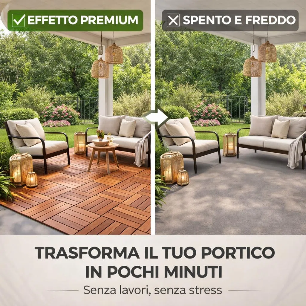 Set di Piastrelle in Legno di Acacia 30x30x2h cm - 12 Dogne Ciascuna, Pavimento Esterno, Giardino, Sistema a Incastro, per Terrazza, Patio, Resistente - Set da 36PZ