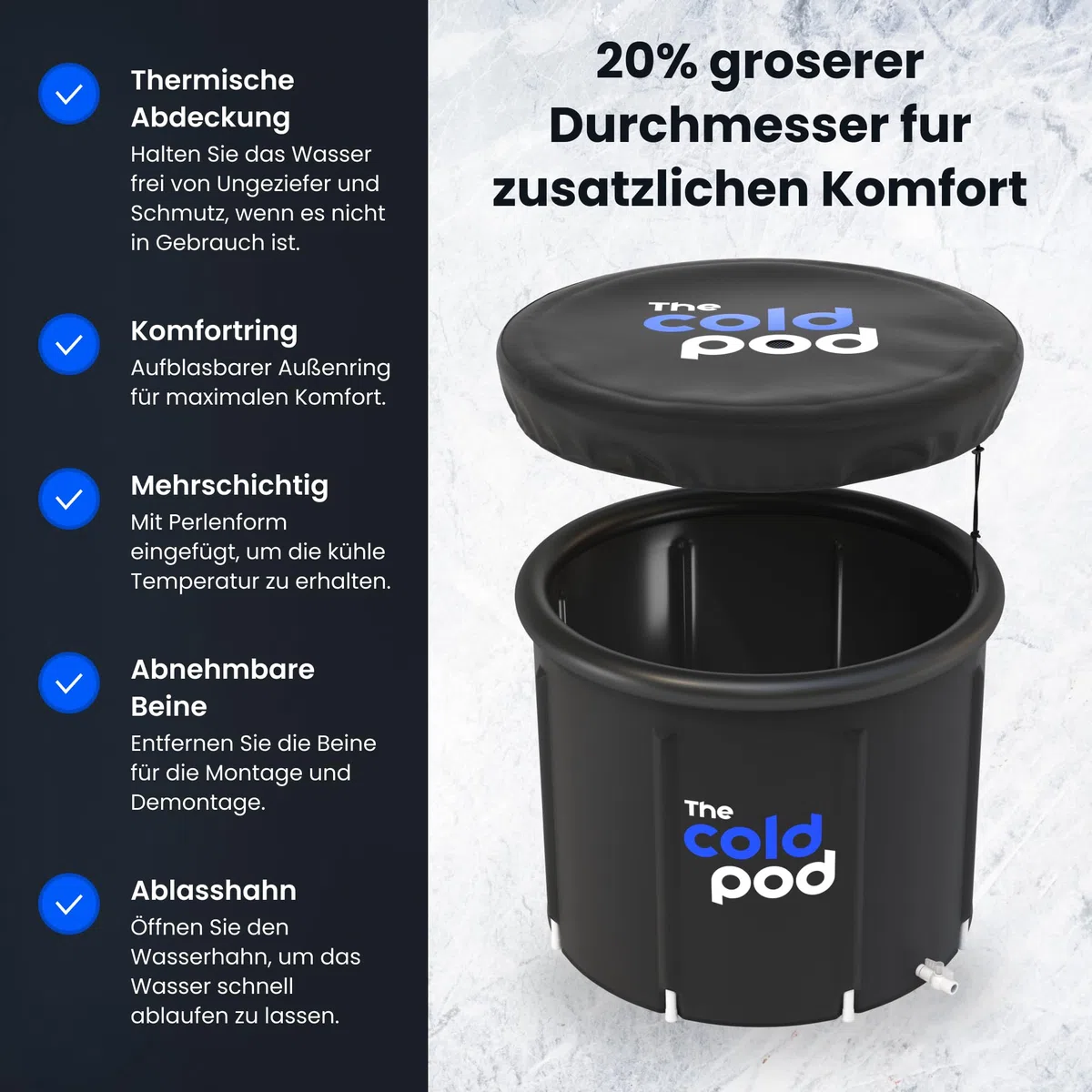 The Cold Pod - Bagnetta da bagno gonfiabile per atleti con coperchio, portatile, per crioterapia, gonfiabile, per interni ed esterni, per adulti (90 cm)