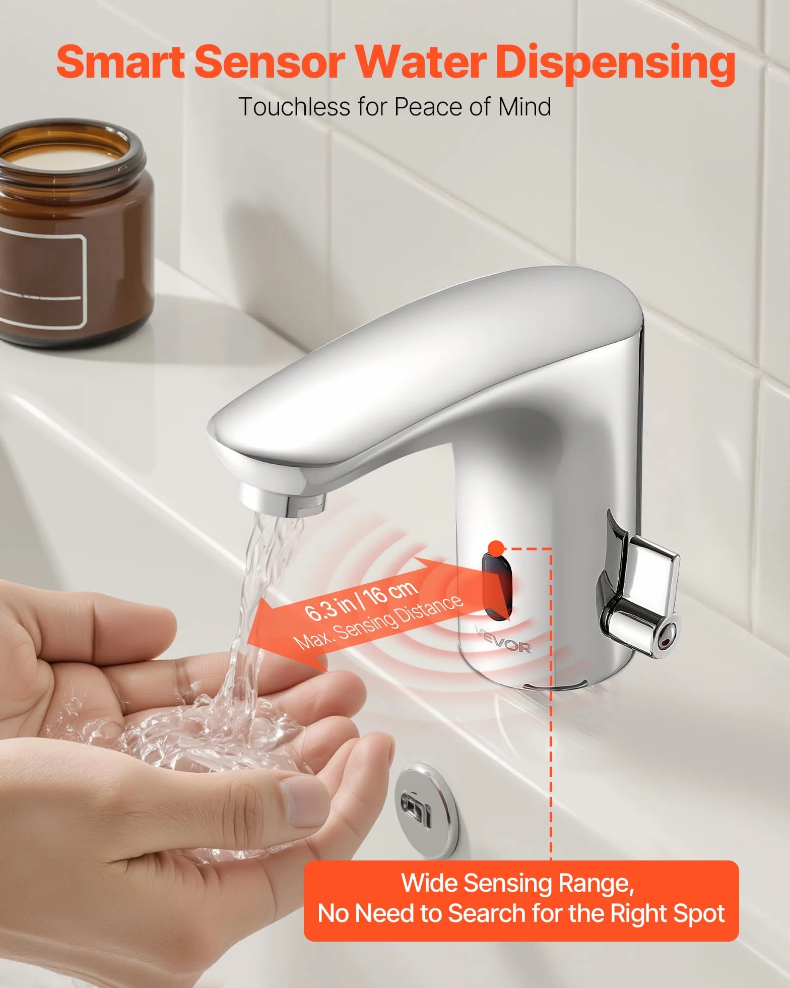 VEVOR Rubinetto per Lavabo Senza Contatto, Rubinetto Automatico con Sensore a Batteria per Bagno Miscelatore Maniglia Singola Regolabile a Mani Libere, Acqua Fredda e Calda, Argento Cromato