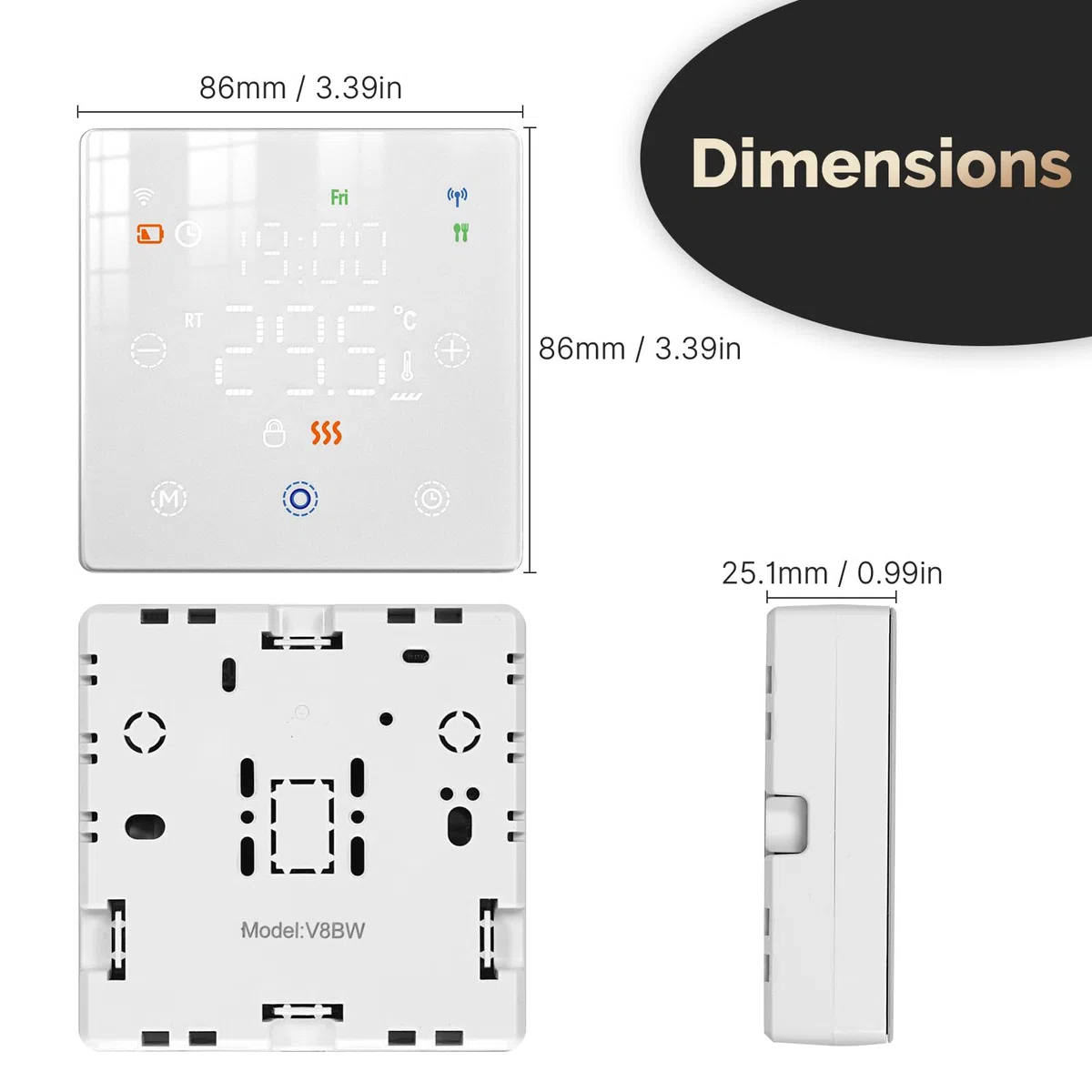 Termostato WiFi a Batterie Bianco, Smart per Caldaia a Gas, Display Touch 86x86mm, Compatibile TUYA Smart Life, Montaggio Parete o Incasso Scatola 502, Programmazione Settimanale
