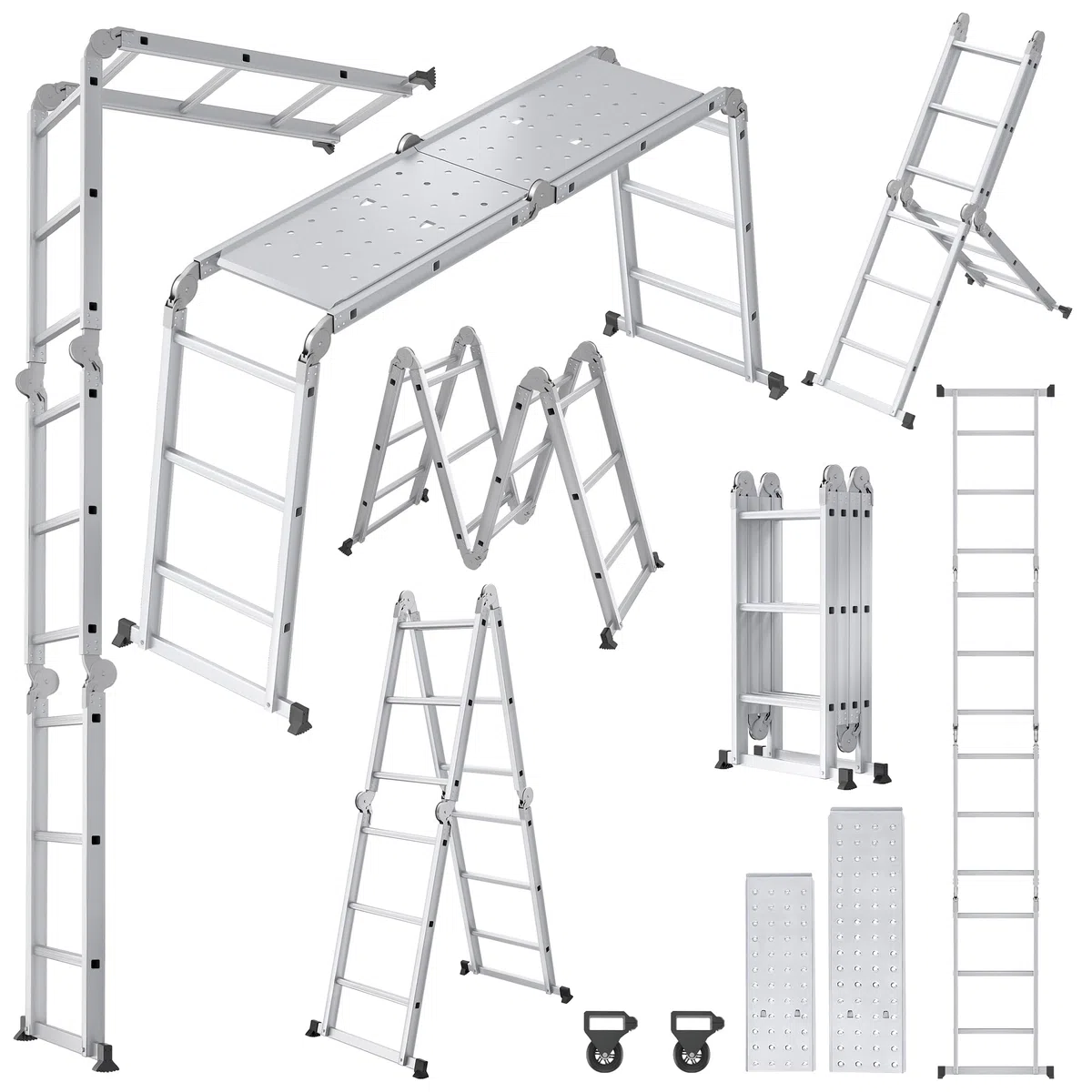 Froadp Scala multiuso 6 in 1, 3,4 m, pieghevole, multiuso in alluminio, con 2 ruote e piattaforma, multifunzione, portata fino a 150 kg