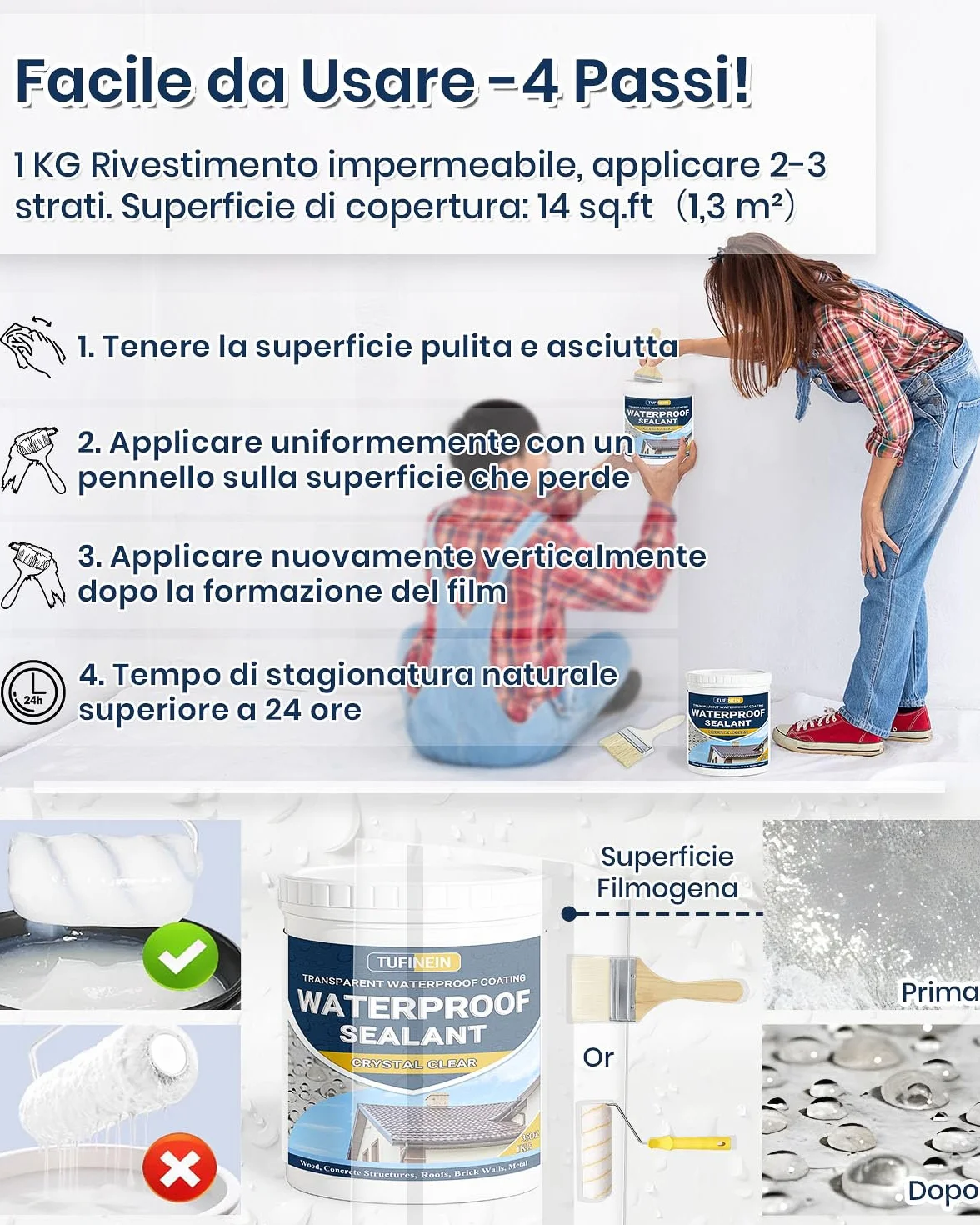 Sigillante Isolante Impermeabile, 2KG Trasparente Sigillante Impermeabile Liquido, Interno ed Esterno Colla Impermeabile, Impermeabilizzante Trasparente Guarnizione di Perdite