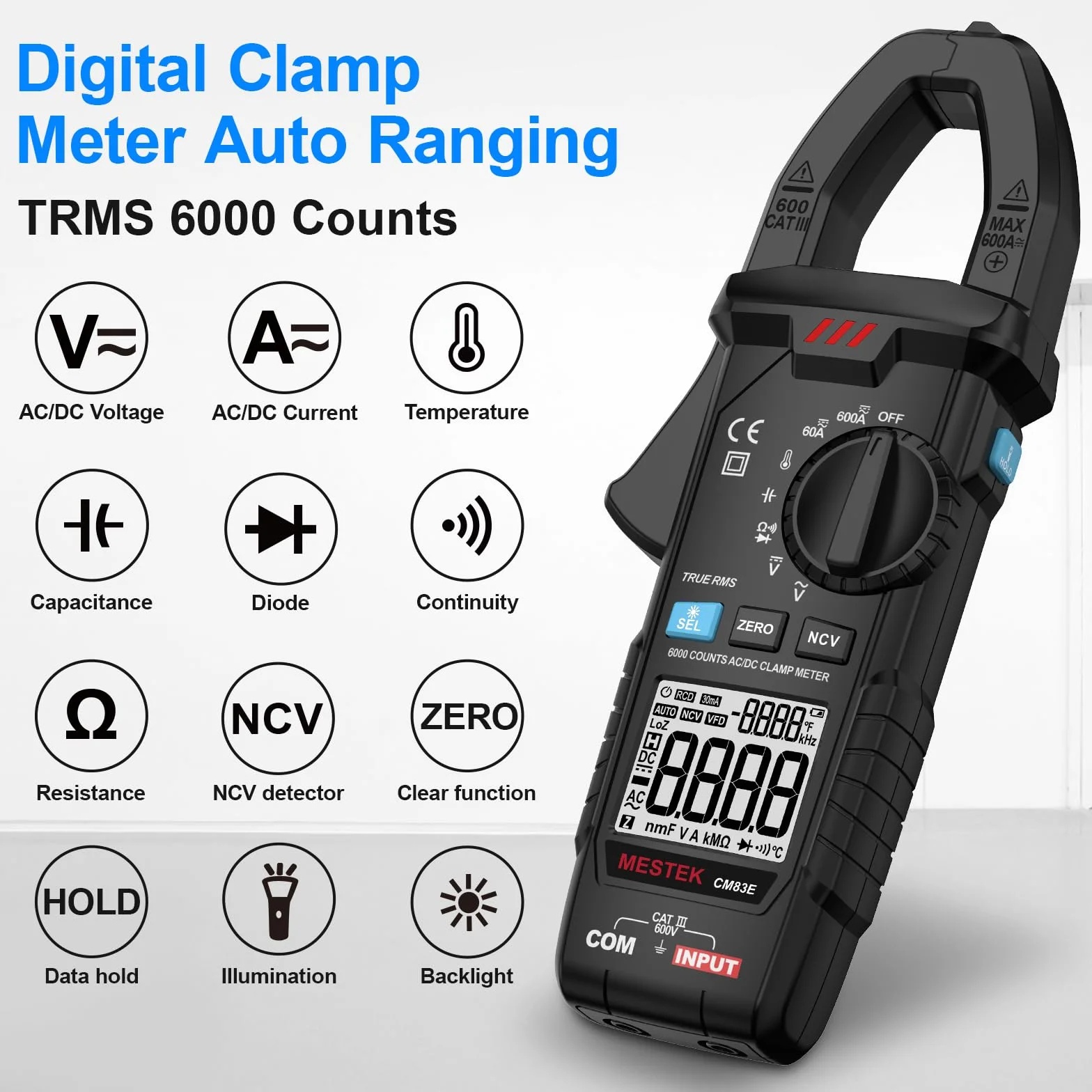 Pinza Amperometrica MESTEK Digitale Multimetro AC DC Professionale T-RMS Auto-Ranging 6000 conteggi Capacità Diodo NCV LoZ VFD