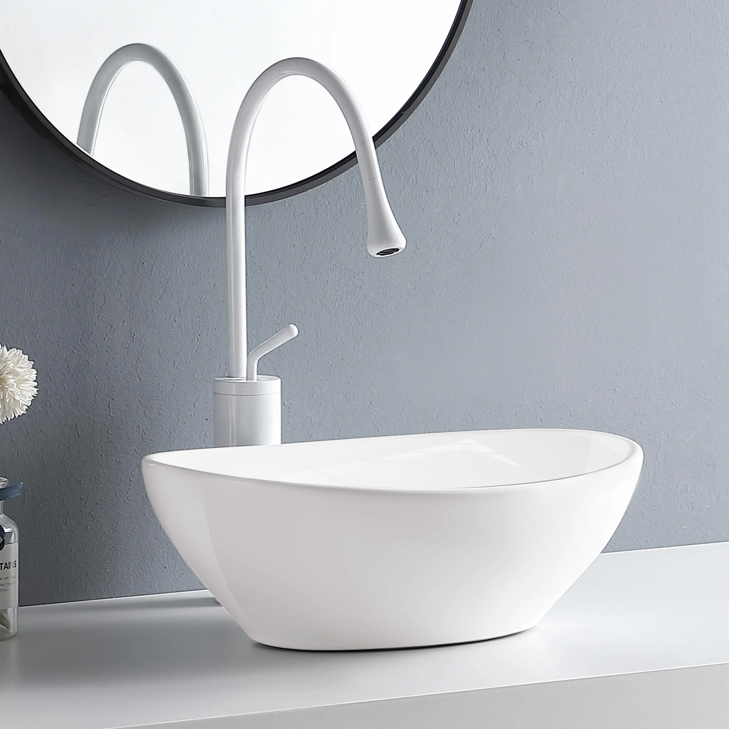 AQUAUNO GOYA - Lavabo da appoggio, 42 x 33 cm, ovale, in ceramica bianca, senza foro per rubinetto e troppopieno, per sanitari, bagno e WC per ospiti