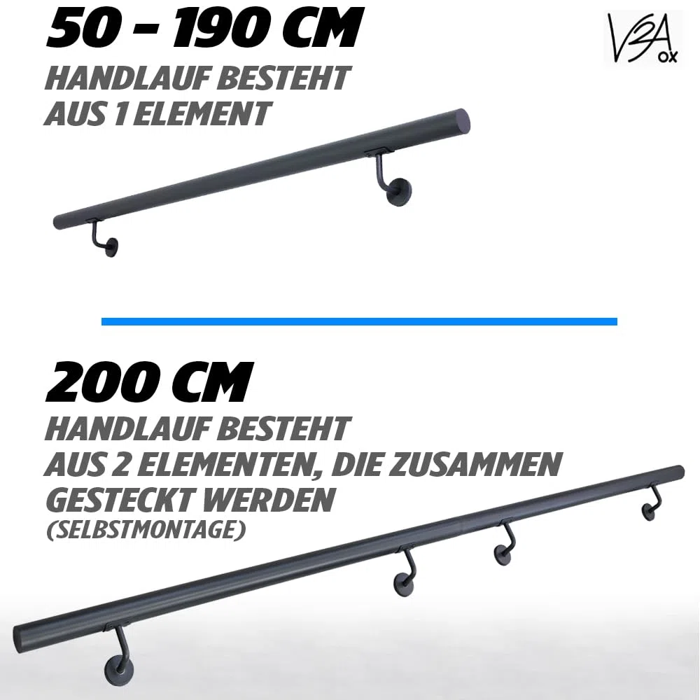 Corrimano in Acciaio Inox 50-200 cm ringhiera corrimano a Muro per Scale in Tubo di Acciaio Inox Set Completo Antracite, Lunghezza:180 cm
