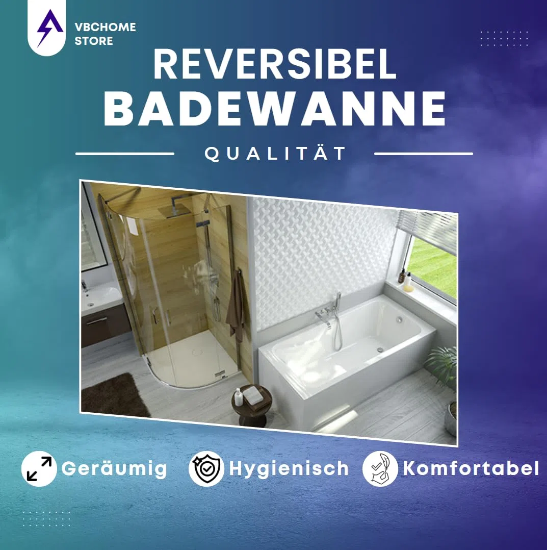 VBChome Vasca da bagno 180 x 80 cm Bianco in acrilico Piedini vasca Sifone Vasca Design rettangolare Moderno Scarico in cromo