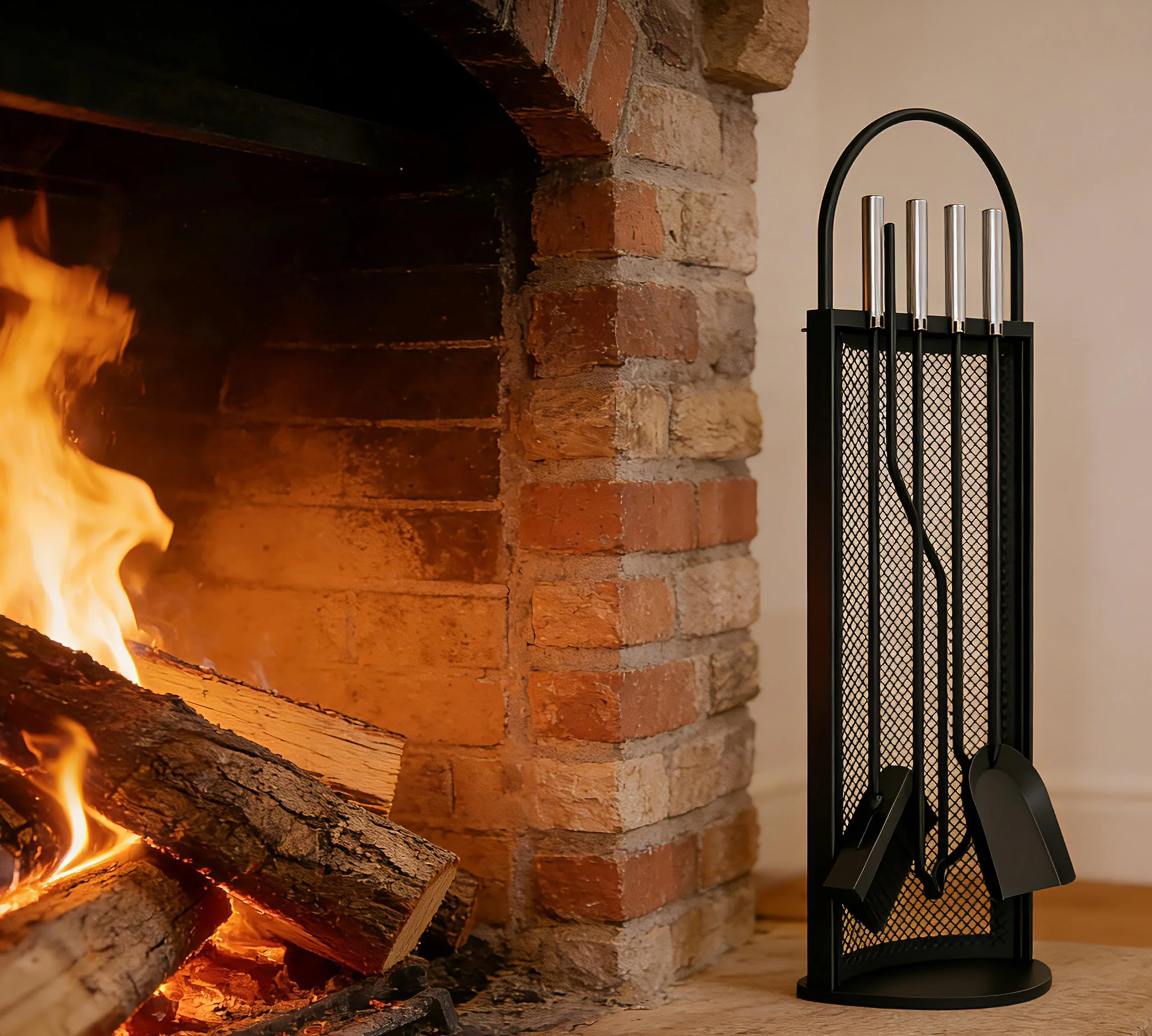 Kingson Set da Camino in 5 Pezzi con Manici in Acciaio INOX 22x16x67cm, Elegante e Resistente Kit di Accessori per Camino Nero