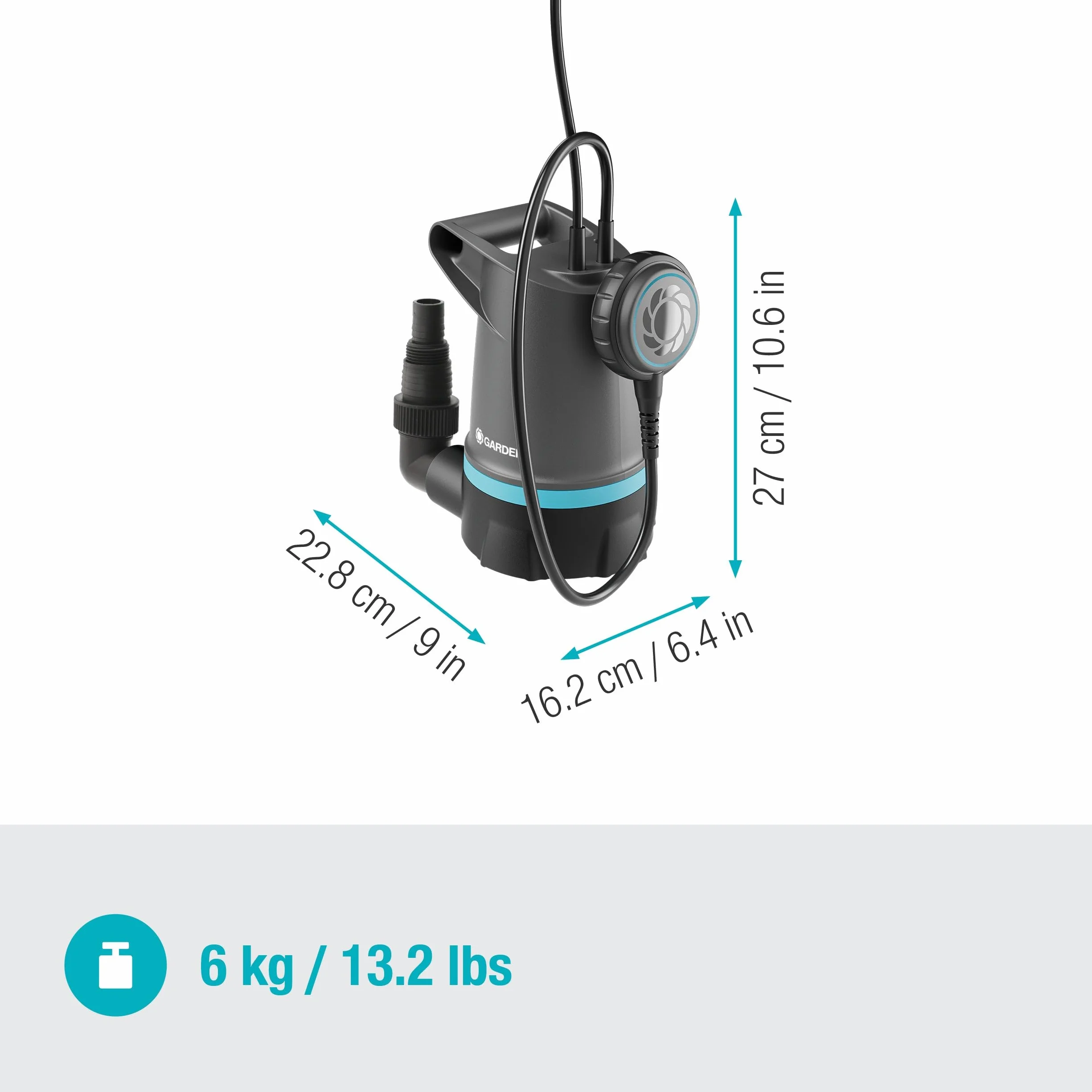 Gardena Pompa sommersa per acque chiare 20000 BASIC, 20.000 l/h, interruttore a galleggiante, robusta e durevole, ideale per il drenaggio (09016-47)