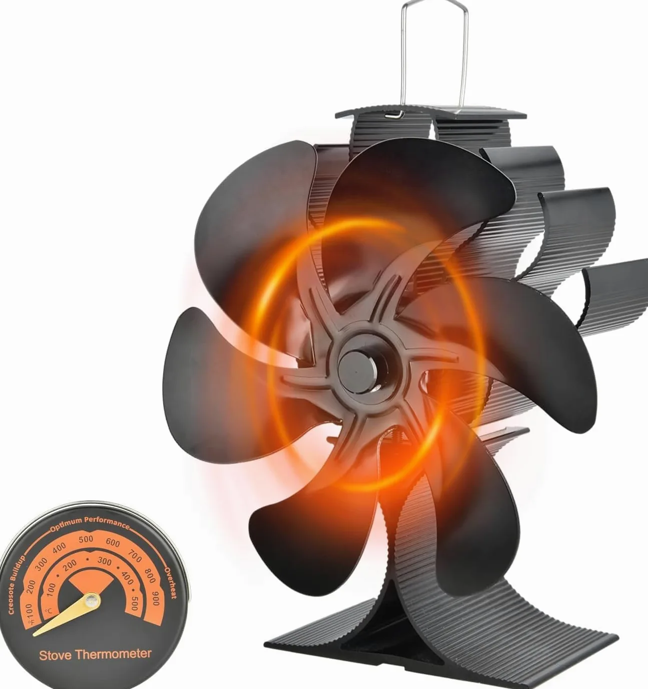 Ventola per Stufa a Legna, Ventilatore per Camino a 6 Foglie, Ventilatore per Bruciatore a Legna Ecologico e a Risparmio Energetico, Funzionamento Silenzioso, con Termometro (nero)