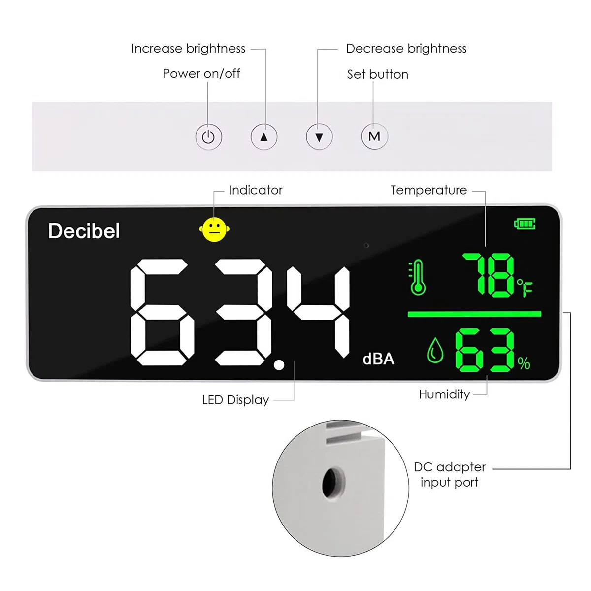 Decibel, misuratore di livello sonoro da appendere alla parete, grande display a LED, misuratore di rumore, temperatura e umidità, con indicatore di icone di allarme, ampie applicazioni per aule,