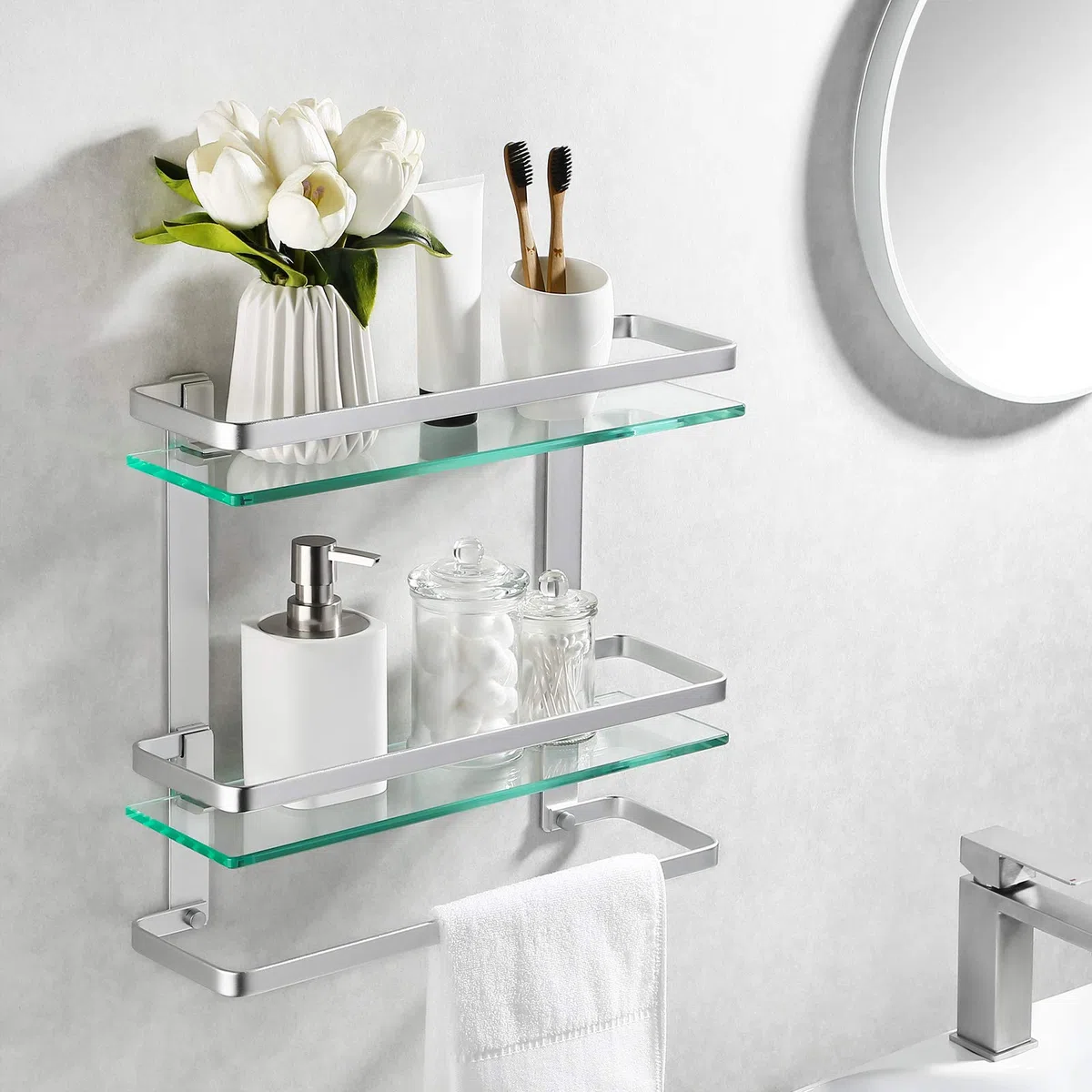 KES Mensola Bagno Vetro con Portasciugamani, Mensola Vetro Temperato 8MM di Spessore, 2-Livelli Mensola con Porta Asciugamani da Parete Alluminio Argento, A4127B