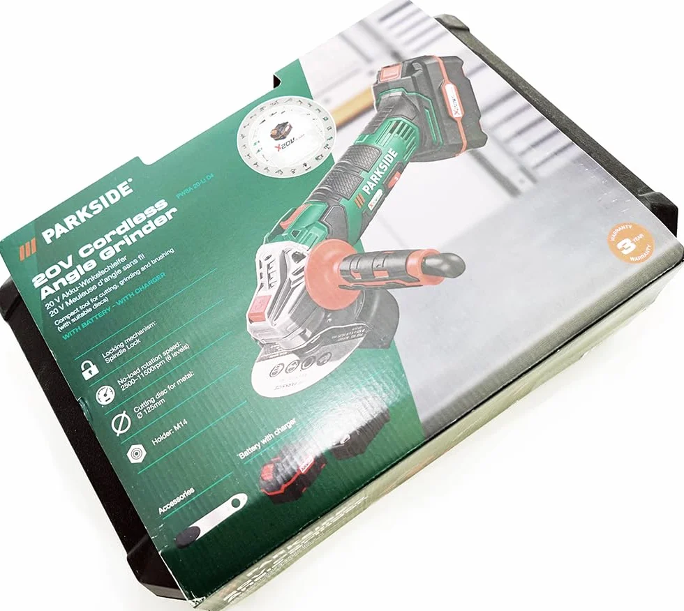 Parkside 20V Smerigliatrice angolare a batteria PWSA 20-Li D4 in bundle/set con valigia da trasporto Smerigliatrice (incl. 2x4Ah batteria+caricatore)