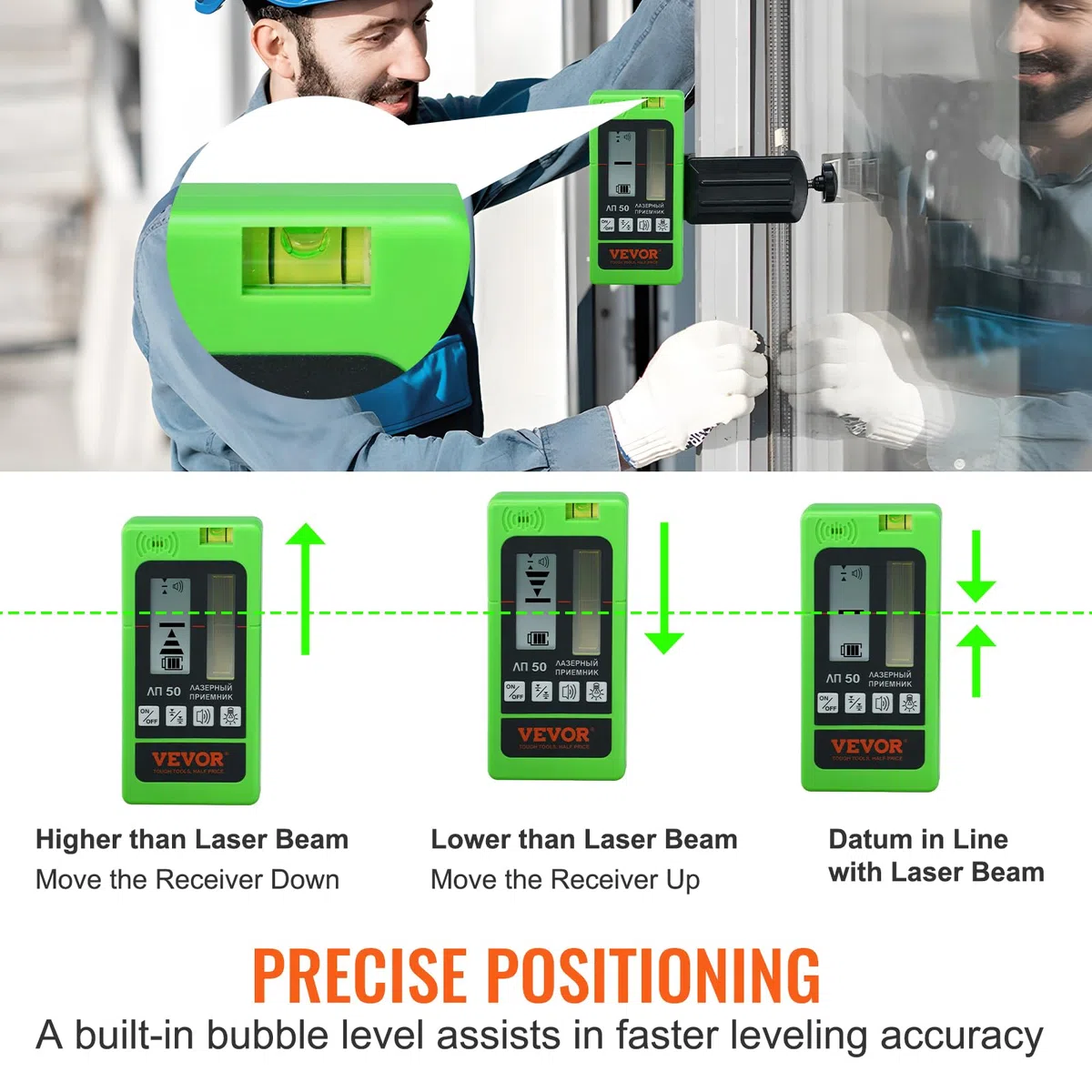 VEVOR Ricevitore Laser per Livella Laser Campo di Lavoro da 60m Rilevatore Laser Raggio Verde Rosso con Segnale Acustico Regolabile Doppio Display LCD, Ricevitore Livella Laser a Bolla con Morsetto