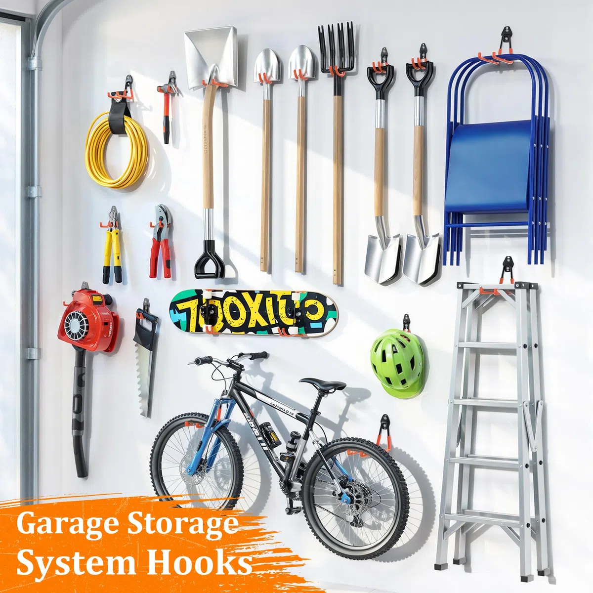 Housolution Ganci per Garage in Acciaio, 30 Pz Rivestimento Antiscivolo, Ganci a Parete per Bici, Strumenti Giardino, Scale, Tubi, Corde, Organizzatore con Avvolgicavo Extensibile, Arancione