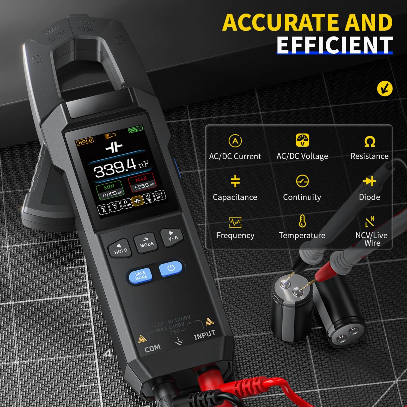 DEWIN Pinza Amperometrica,AC/DC True RMS 10000 Conteggio Illuminazione a LED Misurazione della Tensione Corrente Multimetro a Pinza Corrente Tester Elettricista