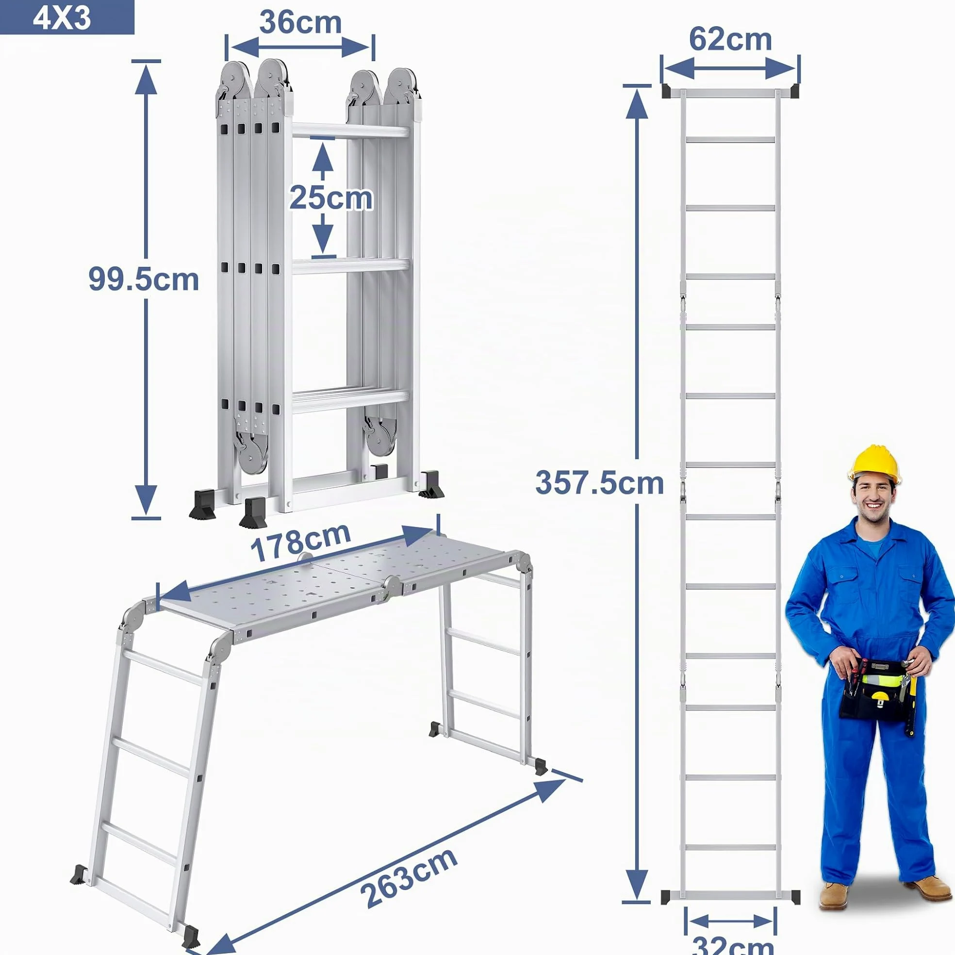 Froadp Scala multiuso 6 in 1, 3,4 m, pieghevole, multiuso in alluminio, con 2 ruote e piattaforma, multifunzione, portata fino a 150 kg
