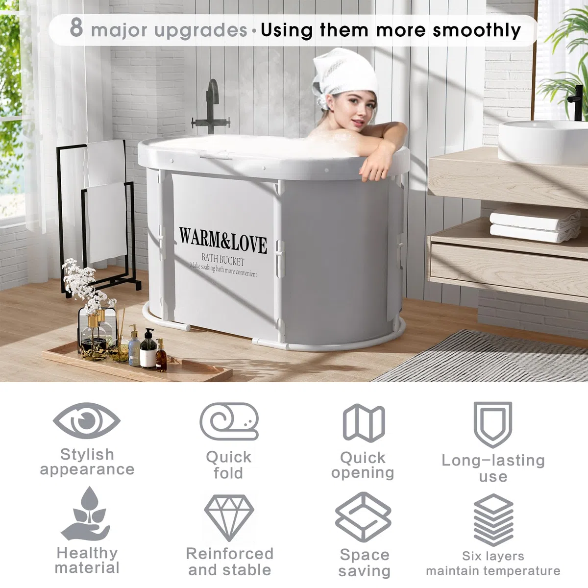 Vasca da bagno pieghevole per doccia, vasca da bagno autoportante per bagno caldo e bagno di ghiaccio, vasca portatile per adulti e bambini (grayish white)