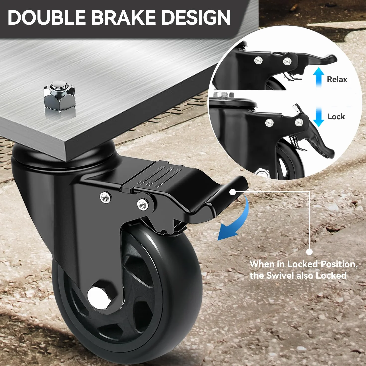 Rotelle per Mobili con Freno, Ruote Girevoli da 125mm con Foro Posteriore M12, Ruote per Il Trasporto, Ruote per Carrello Rotazione di 360 Gradi, Set da 4 Ruote per Mobili Portata 650 Kg