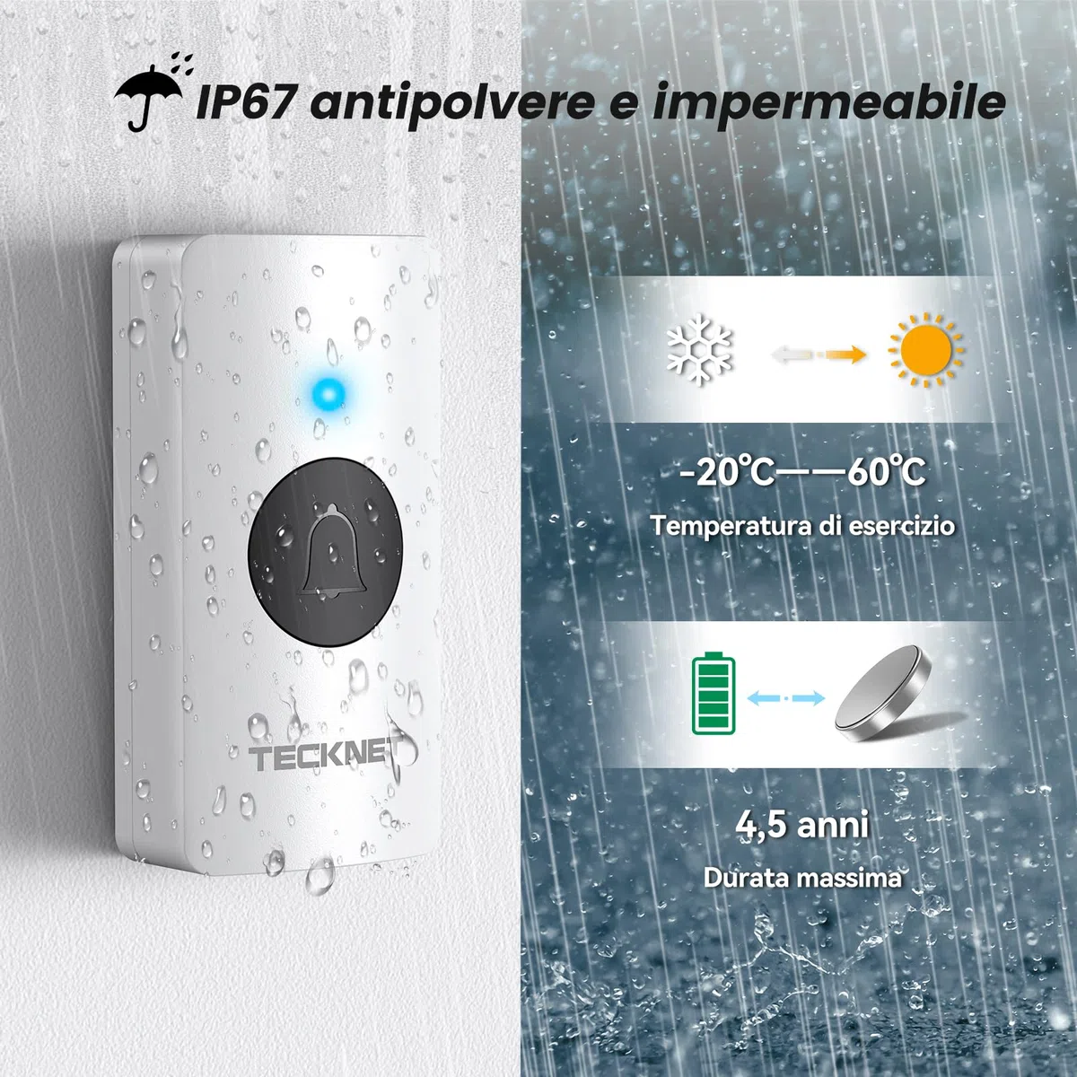 TECKNET Campanello Senza Fili, IP67 Campanello Impermeabile, 400M Campanello Senza Fili da Esterno, Kit Campanello Wireless Che Include 3 Ricevitore 1 Trasmettitori,5 Livelli di Volume e 60 Melodie