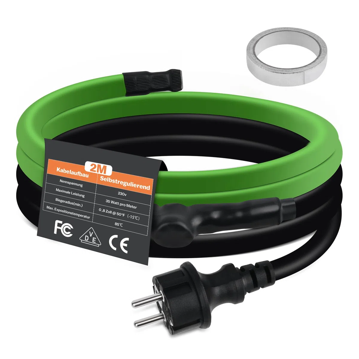 Cavo riscaldante autoregolante, 2 m, antigelo con termostato integrato per la protezione dei tubi dell'acqua, ideale per piante, impermeabile con spina di protezione 35 W/m, 230 V, IP68