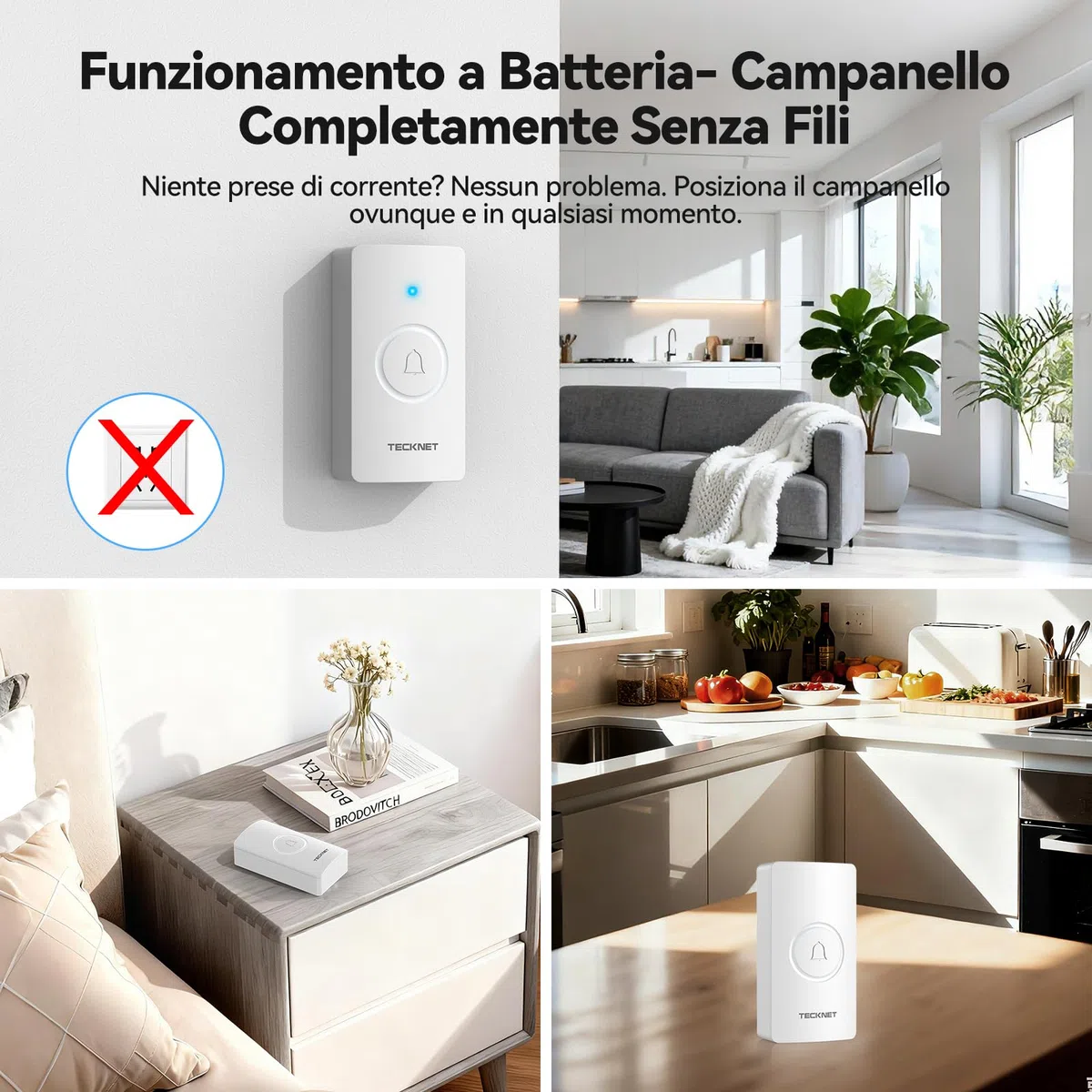 TECKNET Campanello Senza Fili, IP67 Campanello Impermeabile, 400M Campanello Senza Fili da Esterno, Kit Campanello Wireless Che Include 3 Ricevitore 1 Trasmettitori,5 Livelli di Volume e 60 Melodie