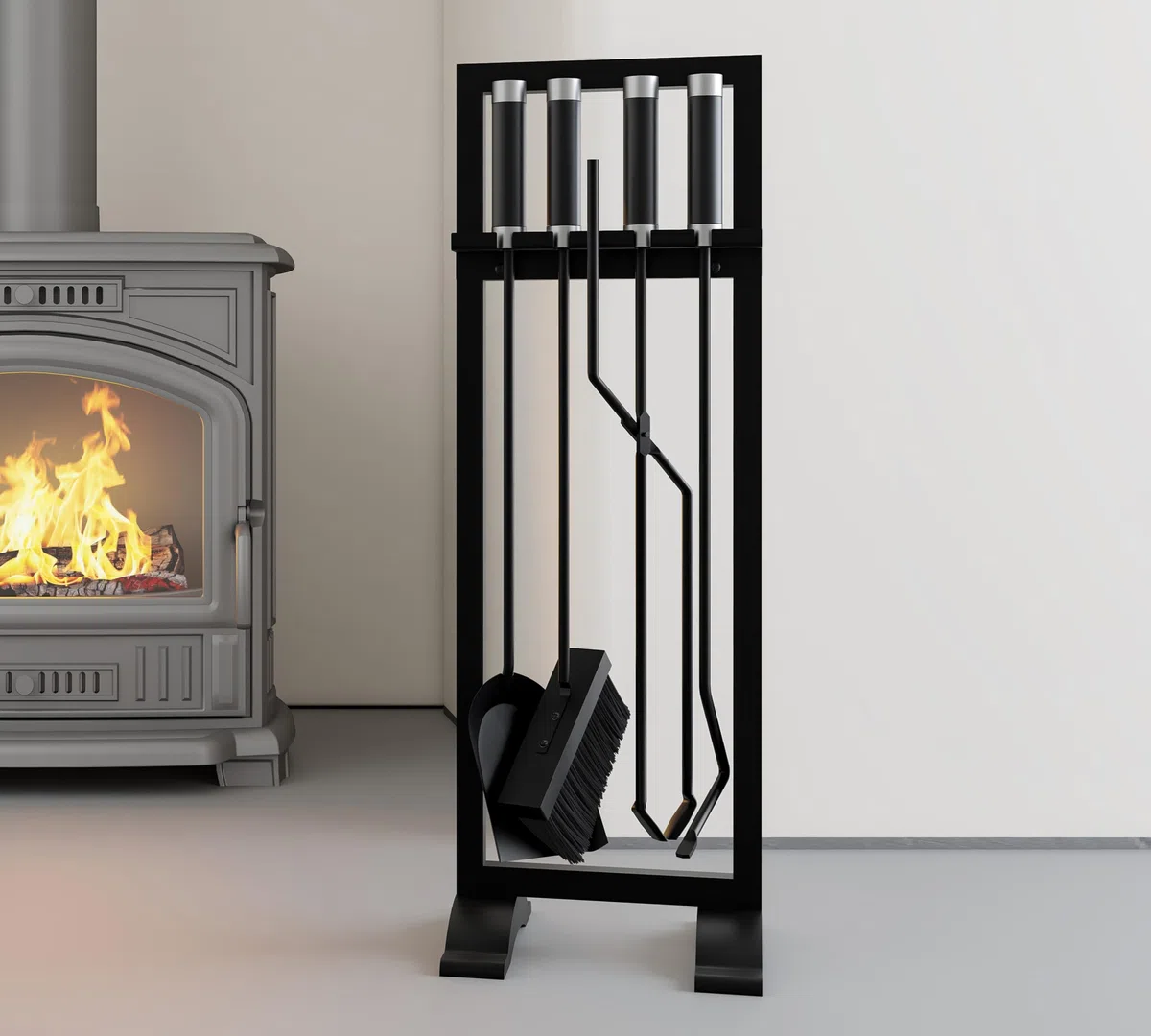 Kingson – Set di accessori per caminetto, 4 pezzi, include attizzatoio, pala, spazzola e pinze – 61 cm, attrezzi per focolare con manici in acciaio inossidabile e ferro – Supporto nero moderno