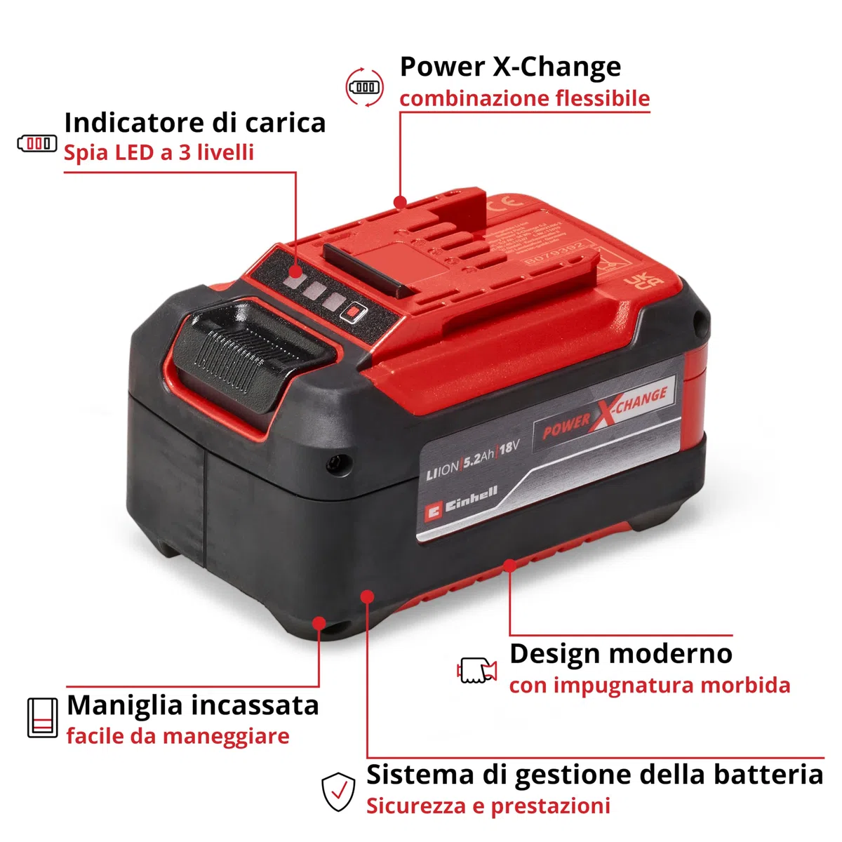 Originale Einhell 18V batteria 5,2Ah Power X-Change Plus (18 V, 5.2 Ah, 1260 W, senza caricabatteria)