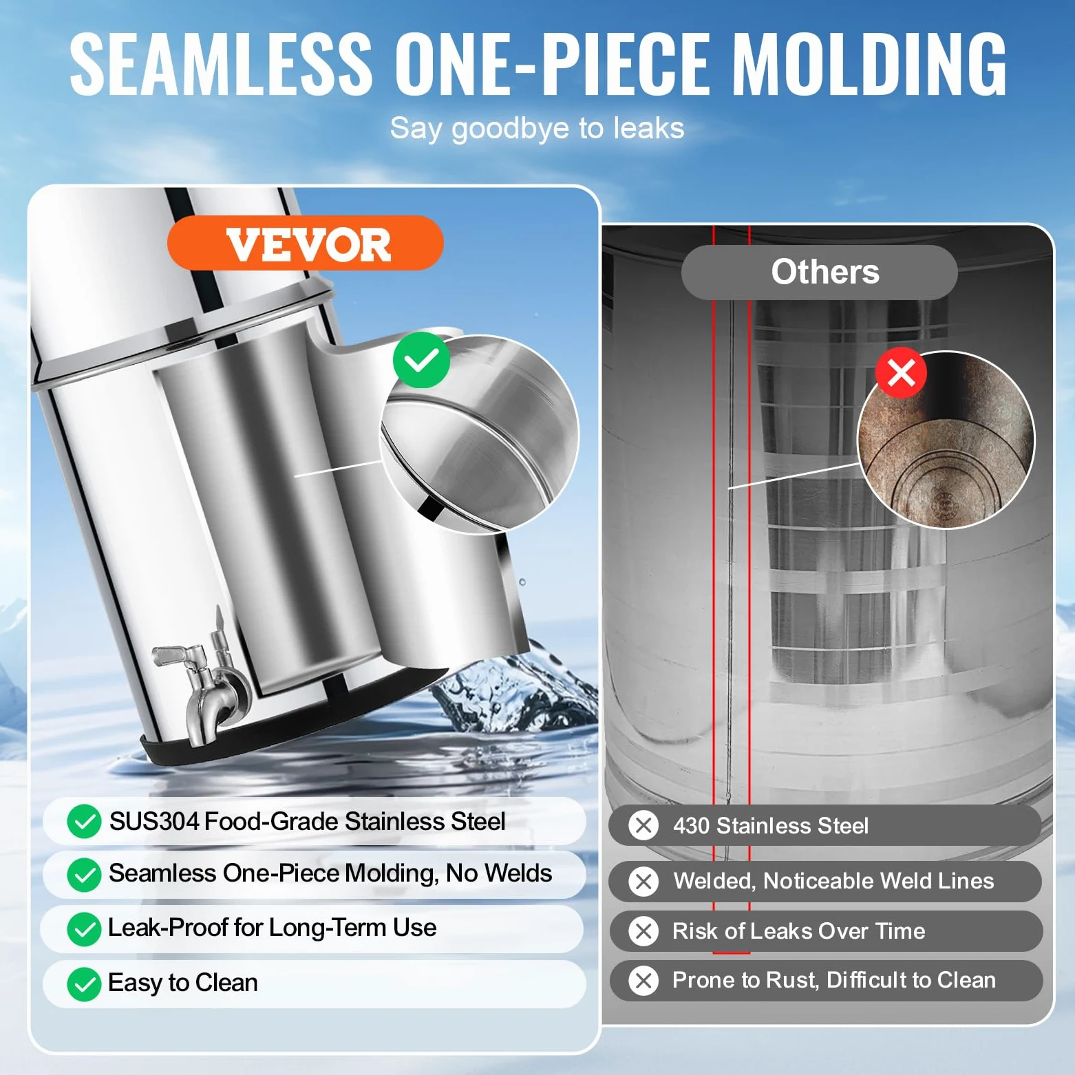 VEVOR Sistema di Filtraggio Acqua a Gravità Sistema da banco in Acciaio Inox Sistema Filtraggio Acqua 7+8,5 L, Riduce Piombo Cloro, Filtraggio Acqua con 2 Filtri al Carbone Rubinetto Camping RV Home