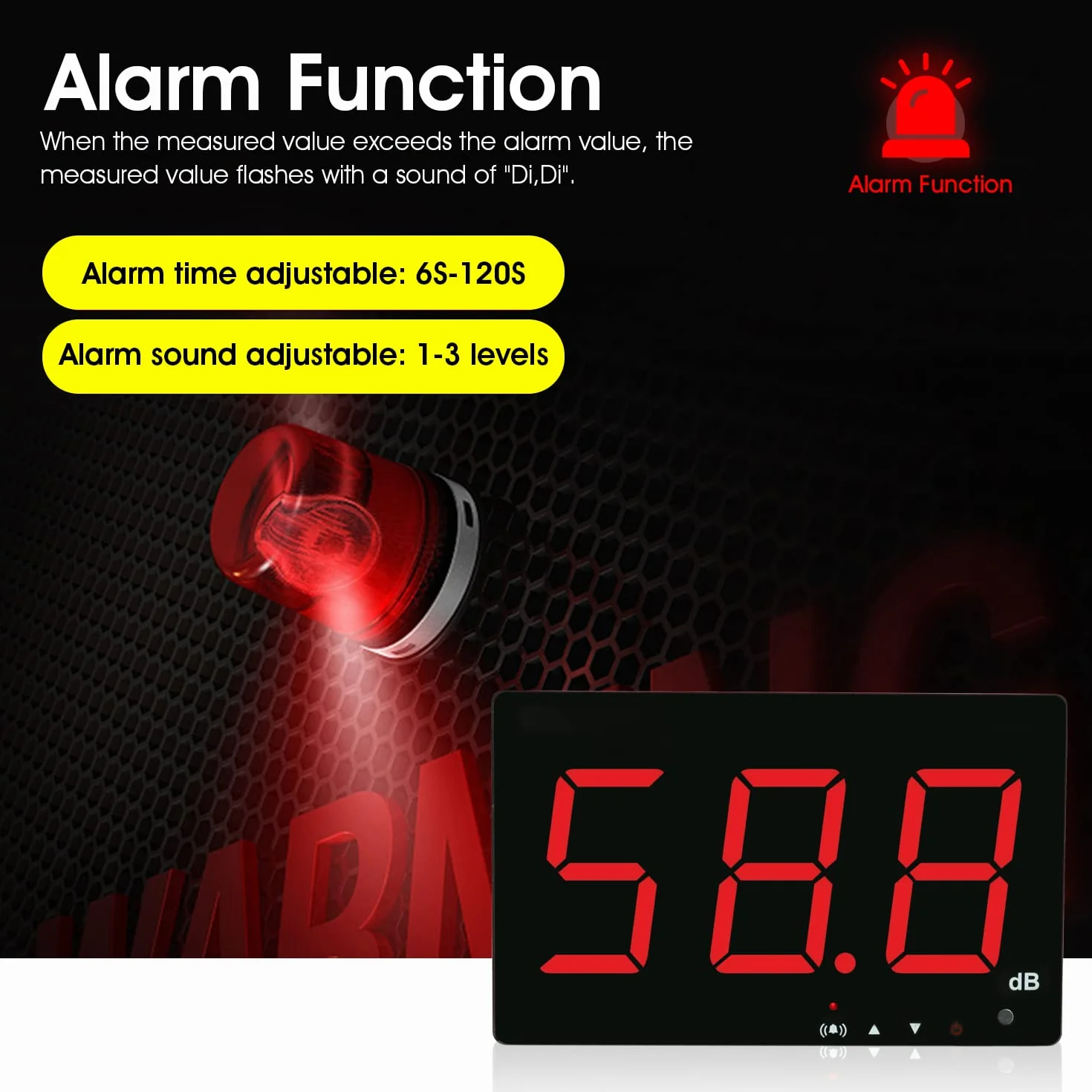 Fonometro 30-130db Misuratore di decibel Muro Decibel Volume Rumore Tester con allarme, Decibel Misuratore di rumore digitale con grande schermo LCD rosso per Casa Ufficio Scuola Ristorante Fabbrica