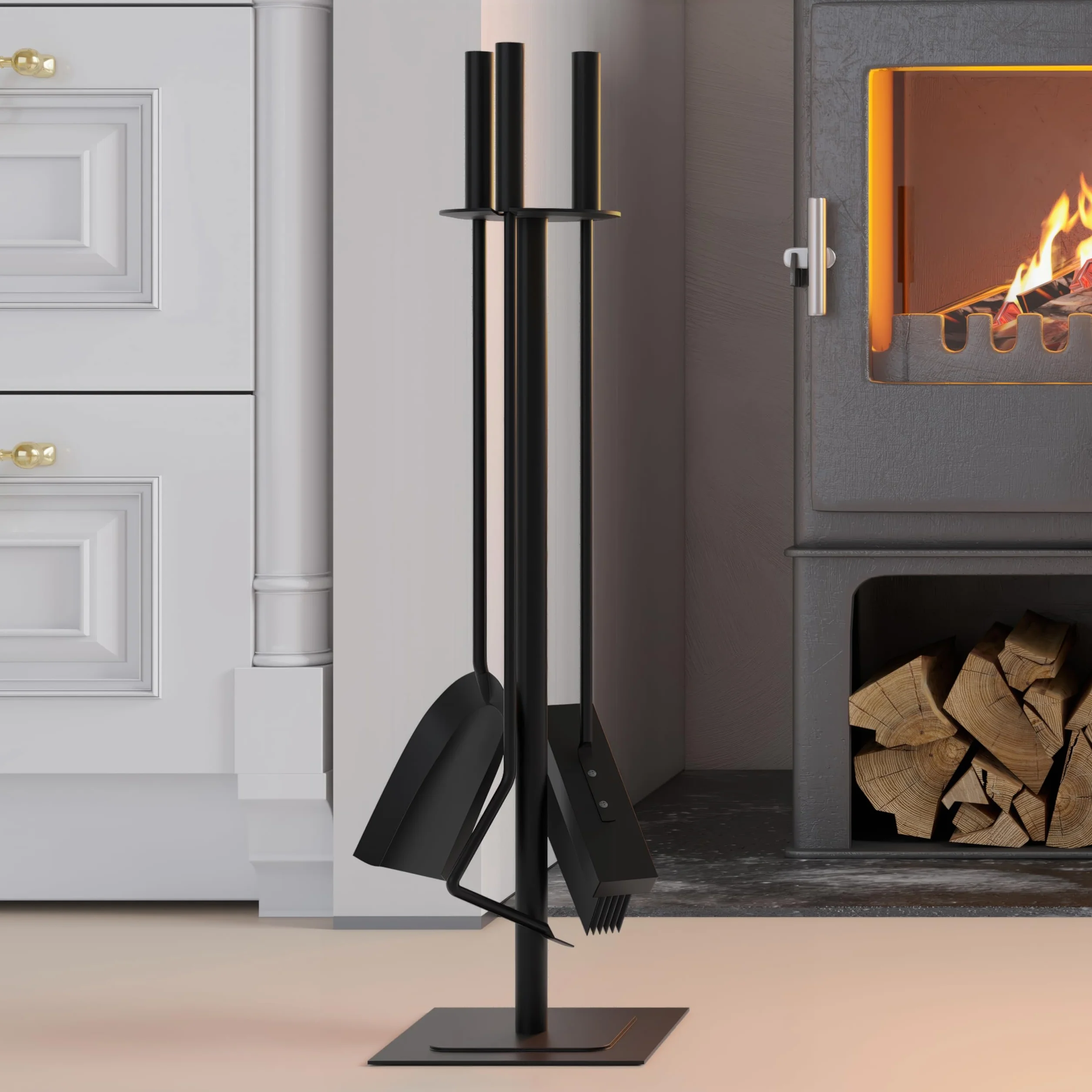 Kingson Set di 4 accessori per bruciatore di legna con spazzola, attizzatoio e pala, kit da focolare per interni 15 * 15 * 60CM