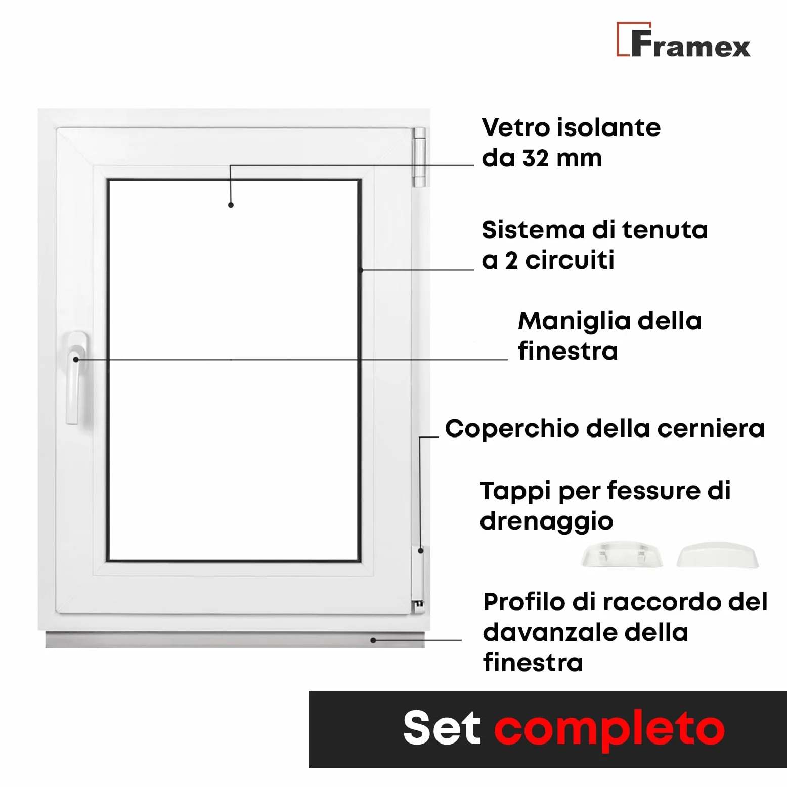 Finestra in Plastica Bianca, Larghezza x Altezza 65 x 110 cm (650 x 1100 mm), Triplo Vetri (32 mm), Anta-Ribalta, Girevole DIN Destra – Premium