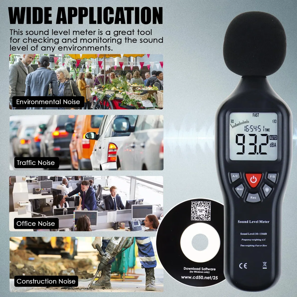 Fonometro professionale con data hold, logger e software CD - Monitor decibel ad alta precisione con retroilluminazione LCD, display MAX/MIN e intervallo di misurazione del rumore audio 30dB~130dB