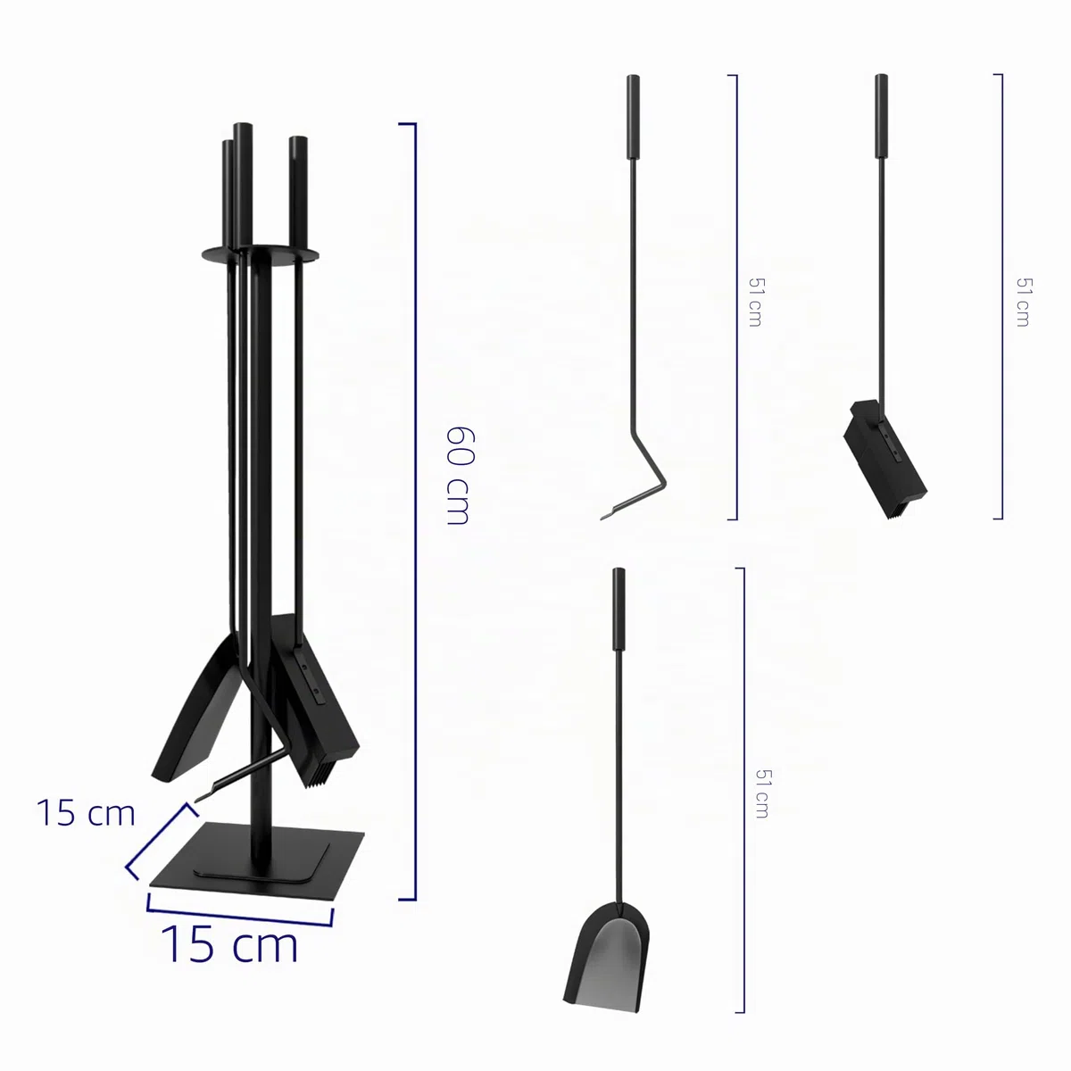 Kingson Set di 4 accessori per bruciatore di legna con spazzola, attizzatoio e pala, kit da focolare per interni 15 * 15 * 60CM
