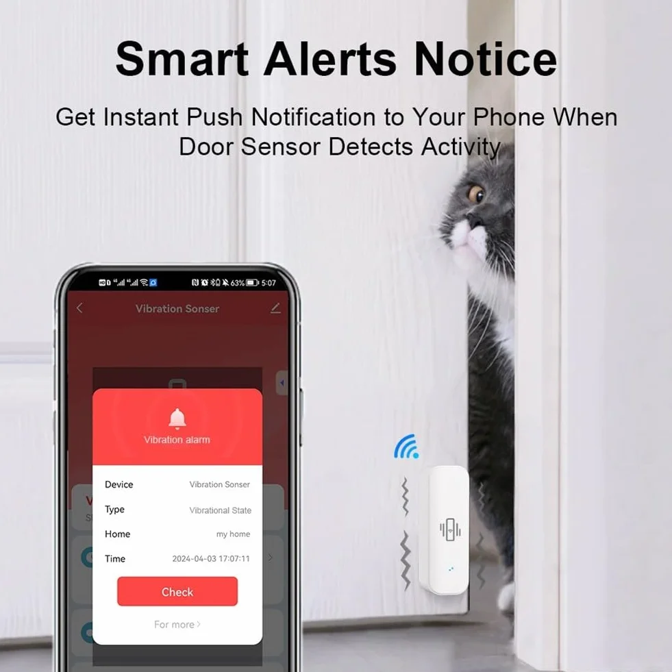 Sensore di vibrazione WiFi, mini rilevatore wireless di rottura del vetro per allarme e automazione domestica intelligente, nessun hub richiesto, compatibile con Tuya/per Smart Life APP (5 pezzi)