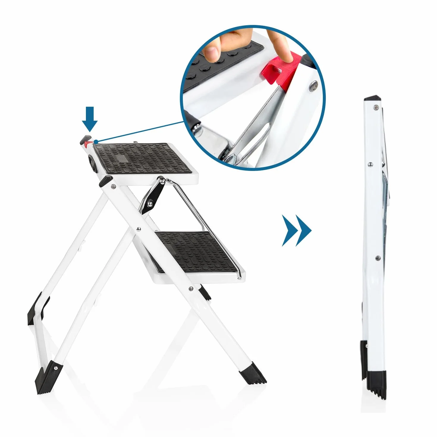 hjh OFFICE 801200 Gradino pieghevole a 2 gradini SOLID W1 Gradino pieghevole in acciaio, portata fino a 150 kg, chiusura di sicurezza pieghevole, maniglia di trasporto, gradino, bianco