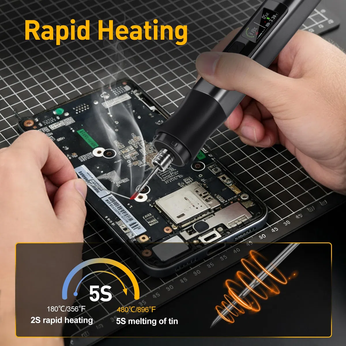 Saldatore USB da 75 W con luce LED, kit di saldatore senza fili 2S riscaldamento rapido, temperatura regolabile 150-480 ℃, Type-C e dock ricaricabile, display a LED, Auto Sleep per riparazione