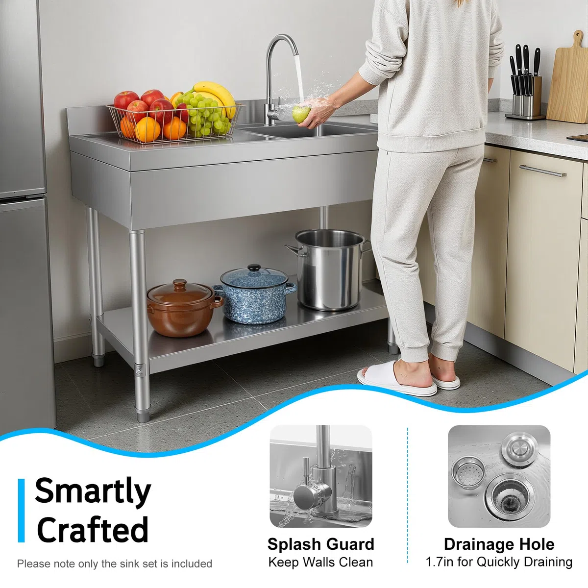 Lavello da cucina freestanding in acciaio con armadio inferiore e rubinetto | Lavello autonomo da cucina su piedistallo, 100*60*80cm, Per Lavare Frutta, Verdura, Ciotole