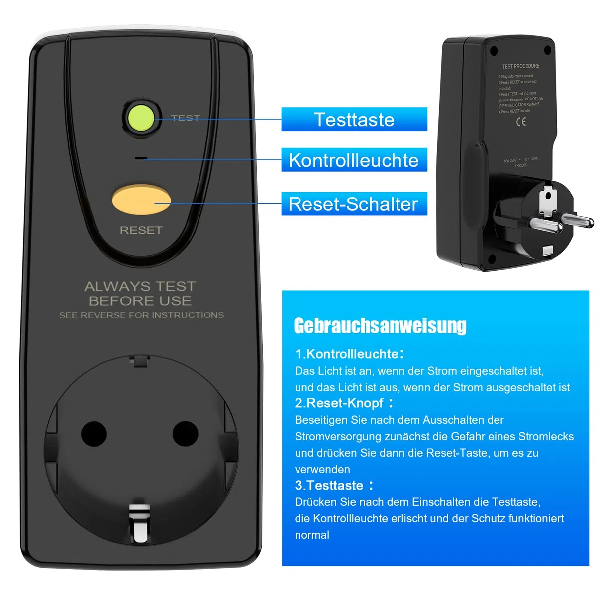 FI, presa di protezione personale, anti-perdite e shock elettrico, 230 V/16 A FI interruttore di sicurezza, presa con interruttore di protezione FI adatto per elettrodomestici, nero