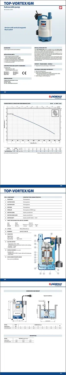 Galleggiante Magnetico Acque Sporche POMPA VORTEX Sommergibile TOP3 GM Pedrollo