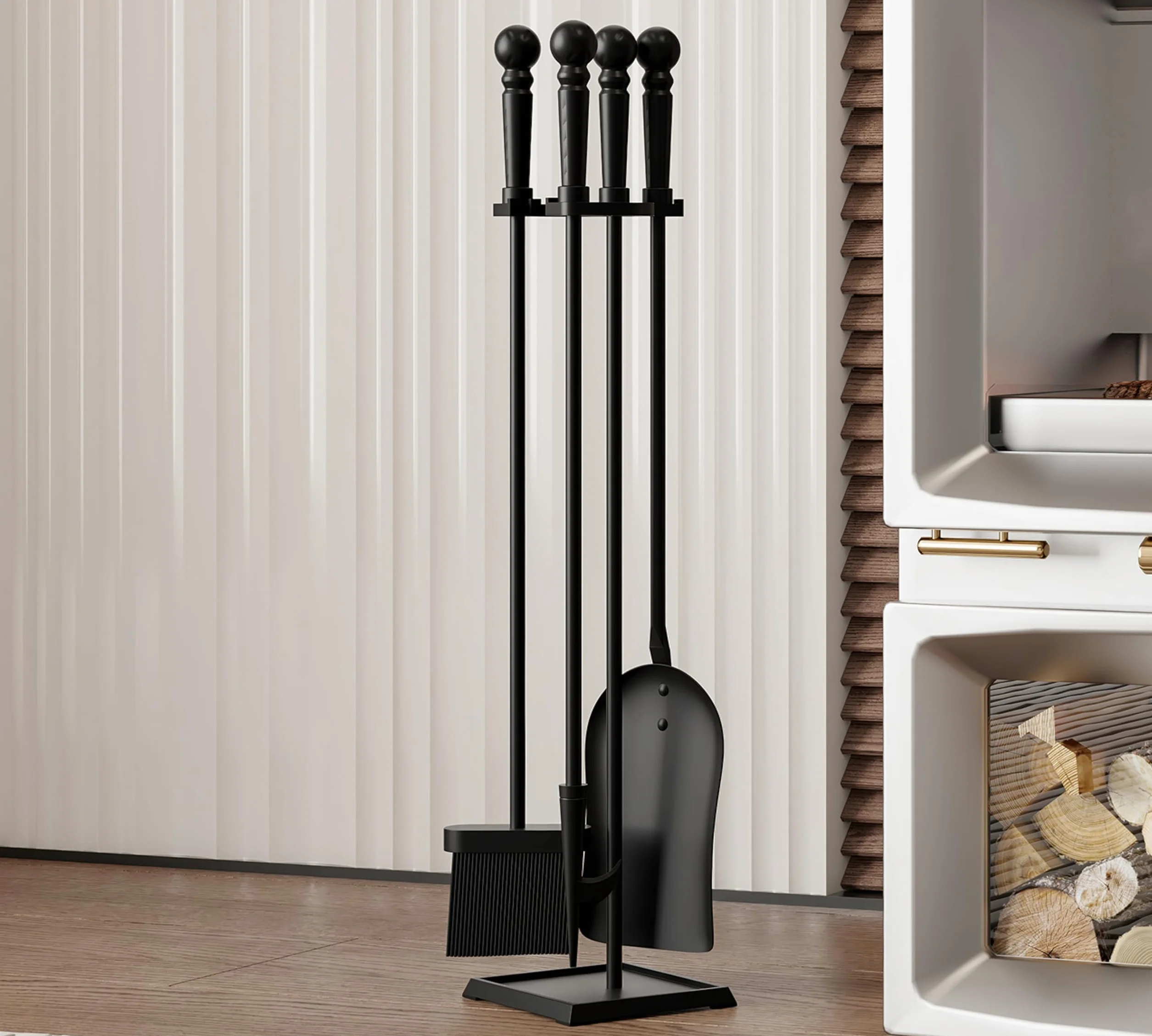 Set di accessori per caminetto Kingson – 3 pezzi, strumenti neri con rivestimento in polvere, manici e supporto in ghisa – pala, attizzatoio, spazzola – strumenti da 55,5 cm, altezza complessiva 61 cm
