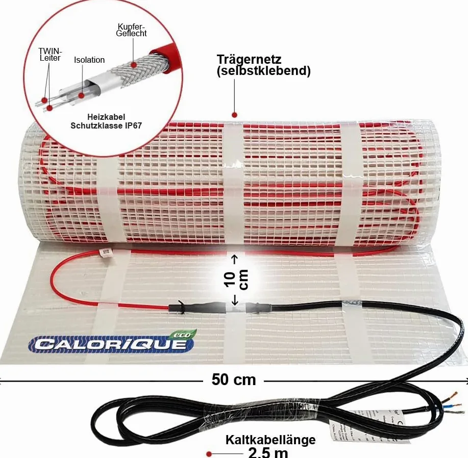 Tappetino per riscaldamento elettrico CALORIQUE ECO - 0,5 m² - Riscaldamento a pavimento elettrico efficiente 150W/m² - Tecnologia TWIN - Classe di efficienza energetica A +++