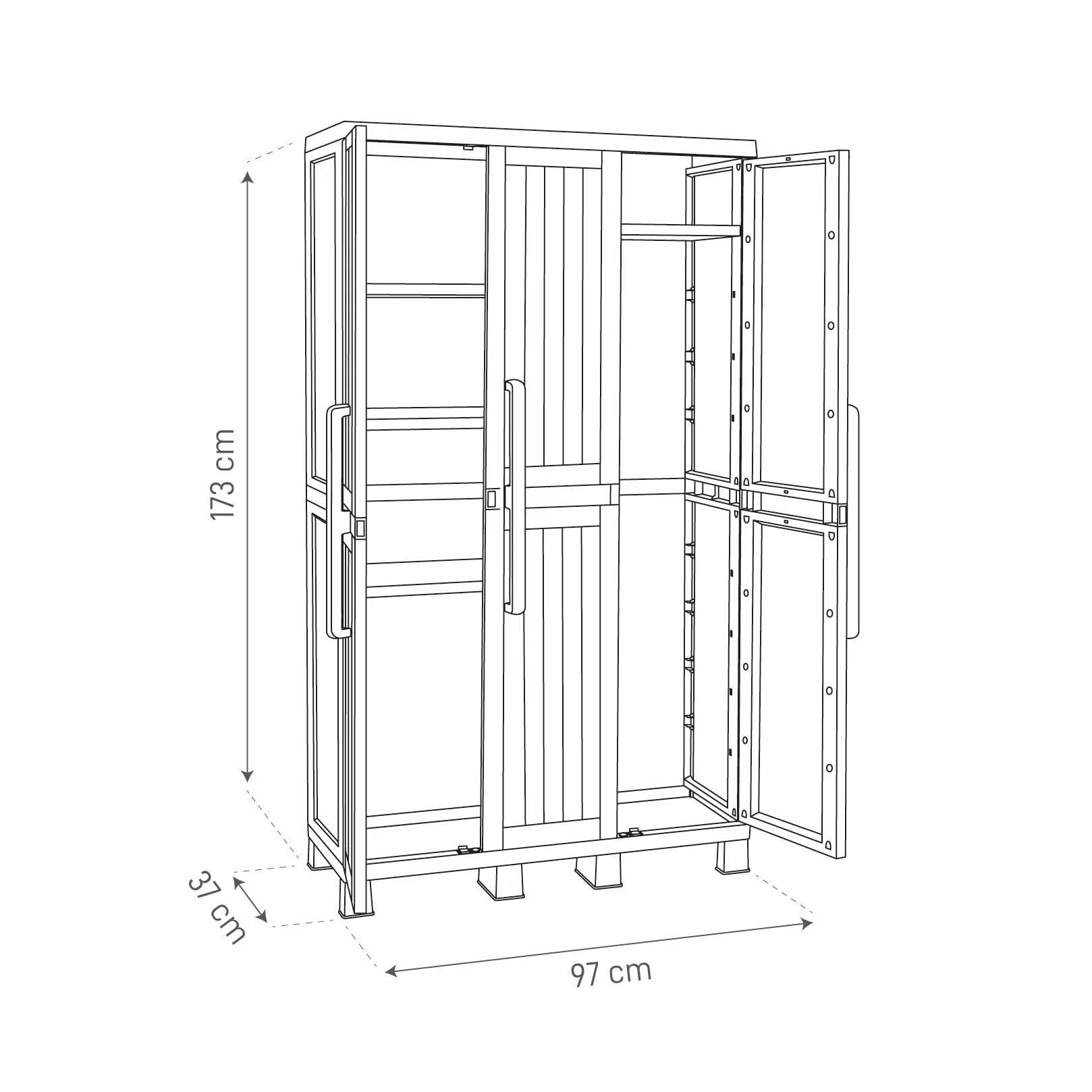Toomax Armadio Wood Midi a 3 ante con 4 ripiani regolabili, 97x37x173h cm in plastica resistente effetto legno grigio tortora, con piedini e predisposizione per lucchetto, ideale per garage e cantine