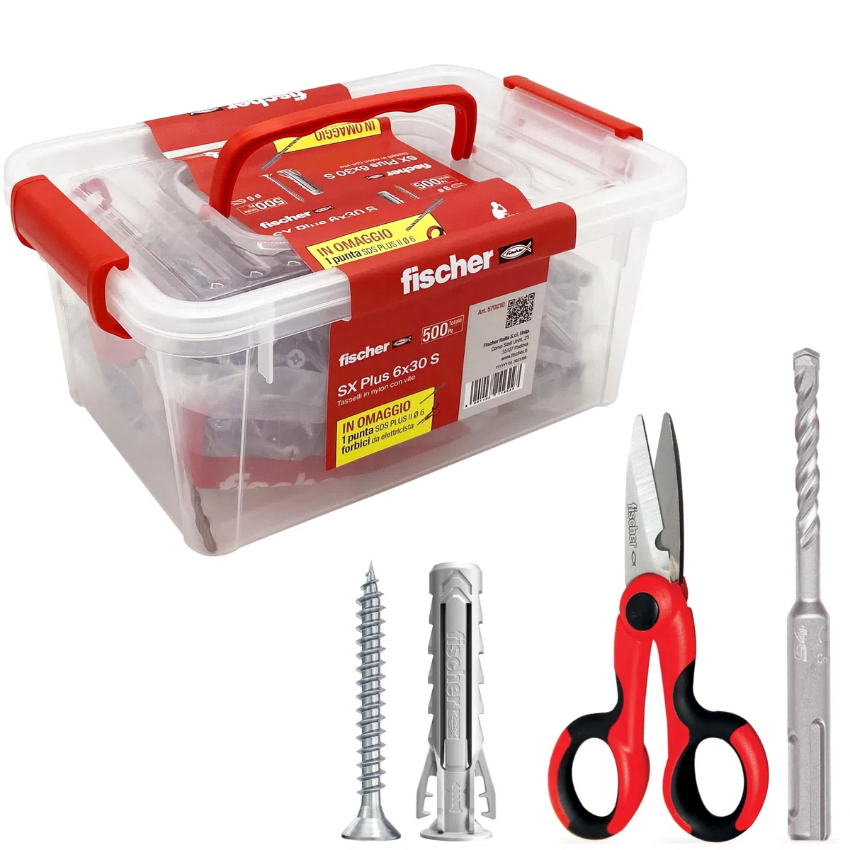 Fischer Vaschetta 500 Tasselli SX Plus 6mm con Vite + Forbici Ergonomiche + Punta Trapano SDS Plus, 570210
