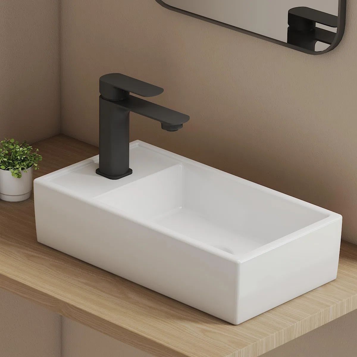 EMKE Piccolo lavandino rettangolare 41,0 x 22,0 x 10,0 cm, in ceramica, con foro per rubinetto, senza troppopieno, piccolo da appoggiare e da parete, ideale per bagno e WC degli ospiti, bianco