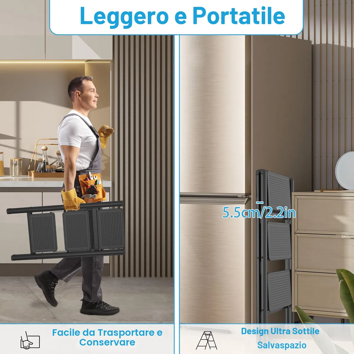 Froadp Scala pieghevole a 3 gradini, antiscivolo, in ferro, multifunzionale, per la casa, la cucina e l'esterno, con portata fino a 250 kg