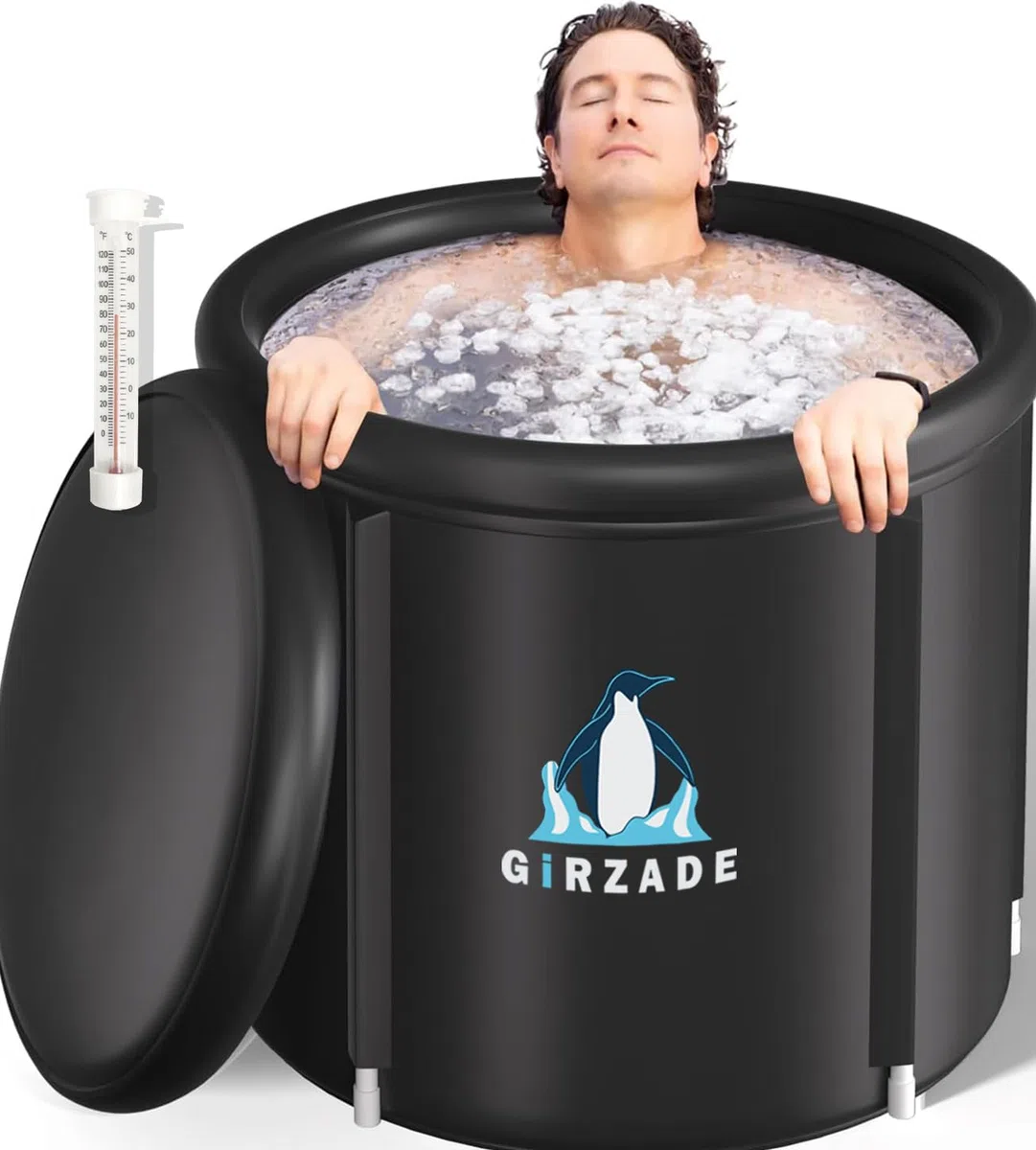 Bagnetto da bagno di ghiaccio per atleti con copertura 376L, 80 x 75 cm, portatile, per crioterapia, vasca da bagno gonfiabile pieghevole per interni ed esterni, adulti (nero + termometro)