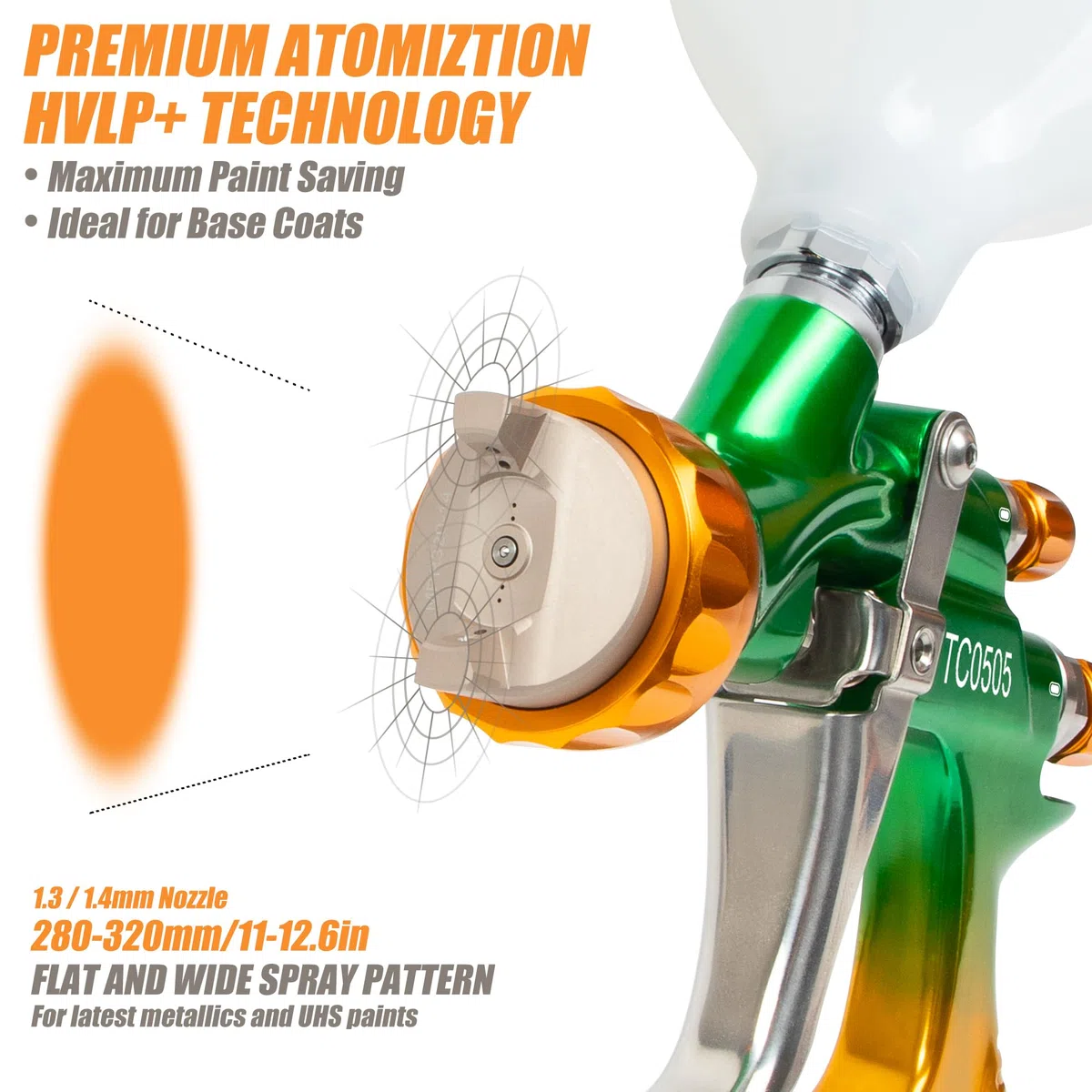 BEETRO HVLP Pistola a Spruzzo ad Aria Compressa Professionale, Ugello da 280-320 mm con Ugello Largo da 1,3/1,4 mm, Capacità di 600 ml, 14 CFM, 29-32 psi