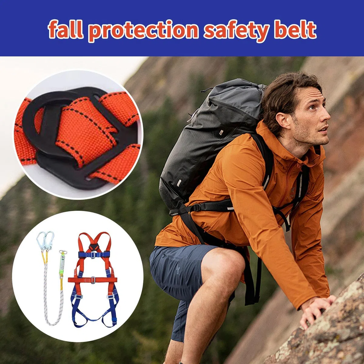 Generico Kit Imbracatura di Sicurezza Anticaduta, 5 Punti Regolabile Imbragature Anticaduta con 2 Fibbie Grandi e Cordini da 2 m, Kit Anticadutas Per Lavori In Quota e Arrampicata